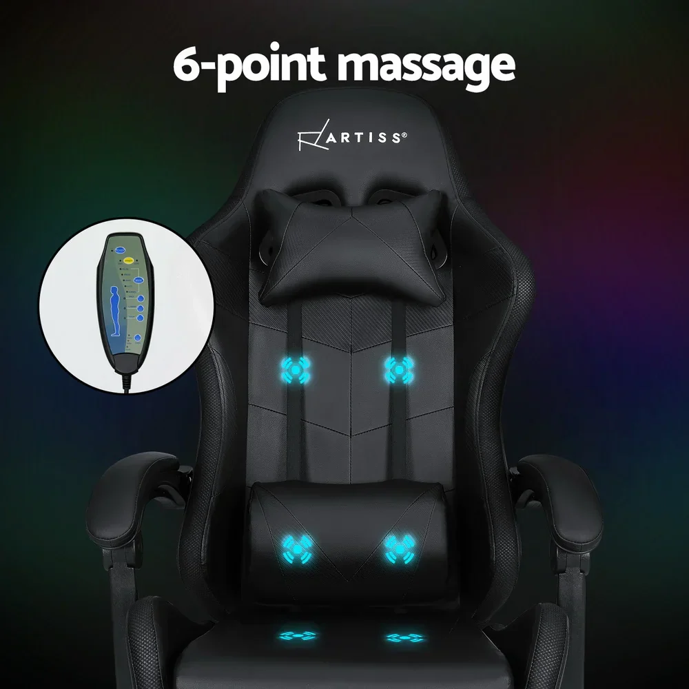 6 Point Massage Gaming Office Chair 7 LED Footrest Black - Image 5