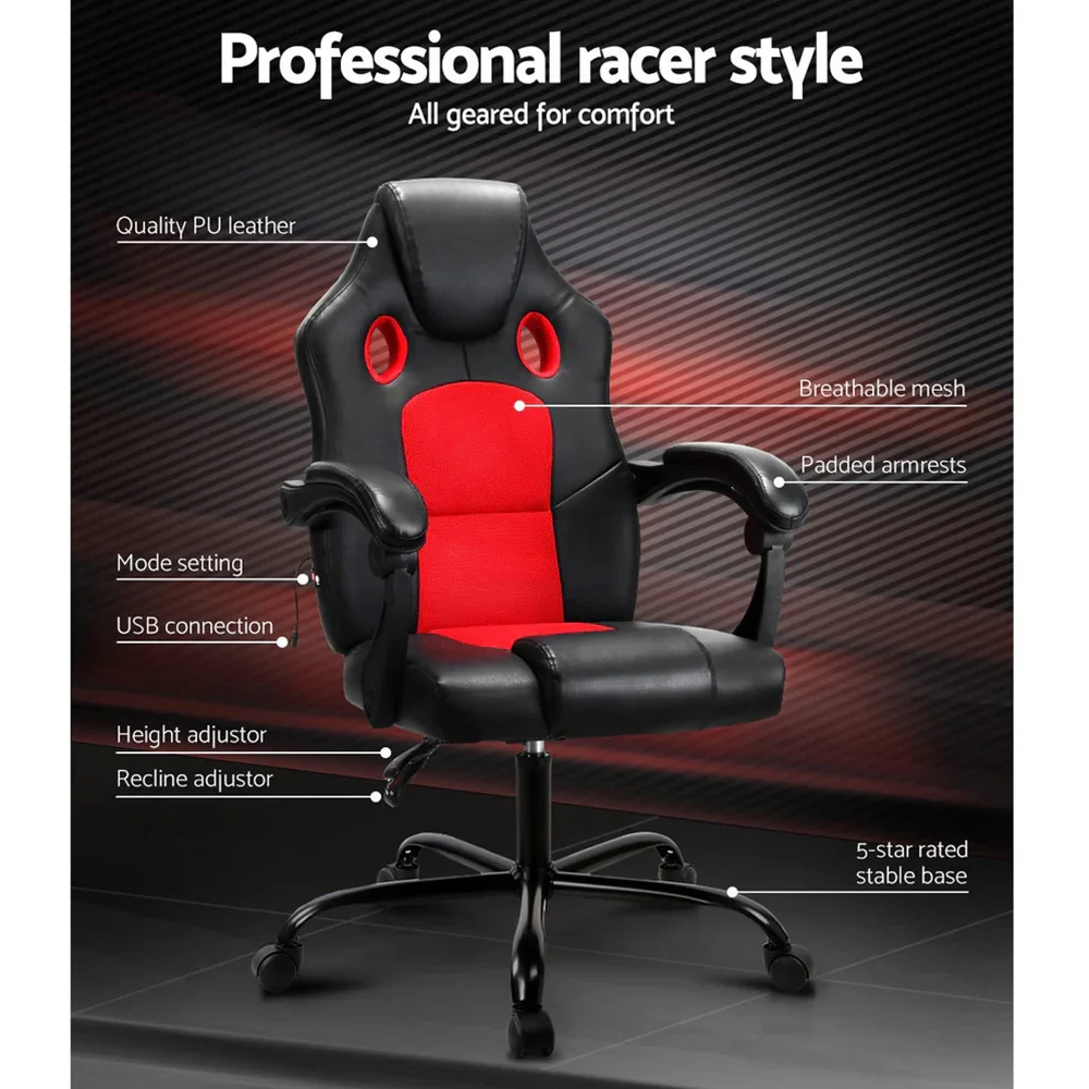 2 Point Massage Gaming Office Chair PU Leather Red - Image 3