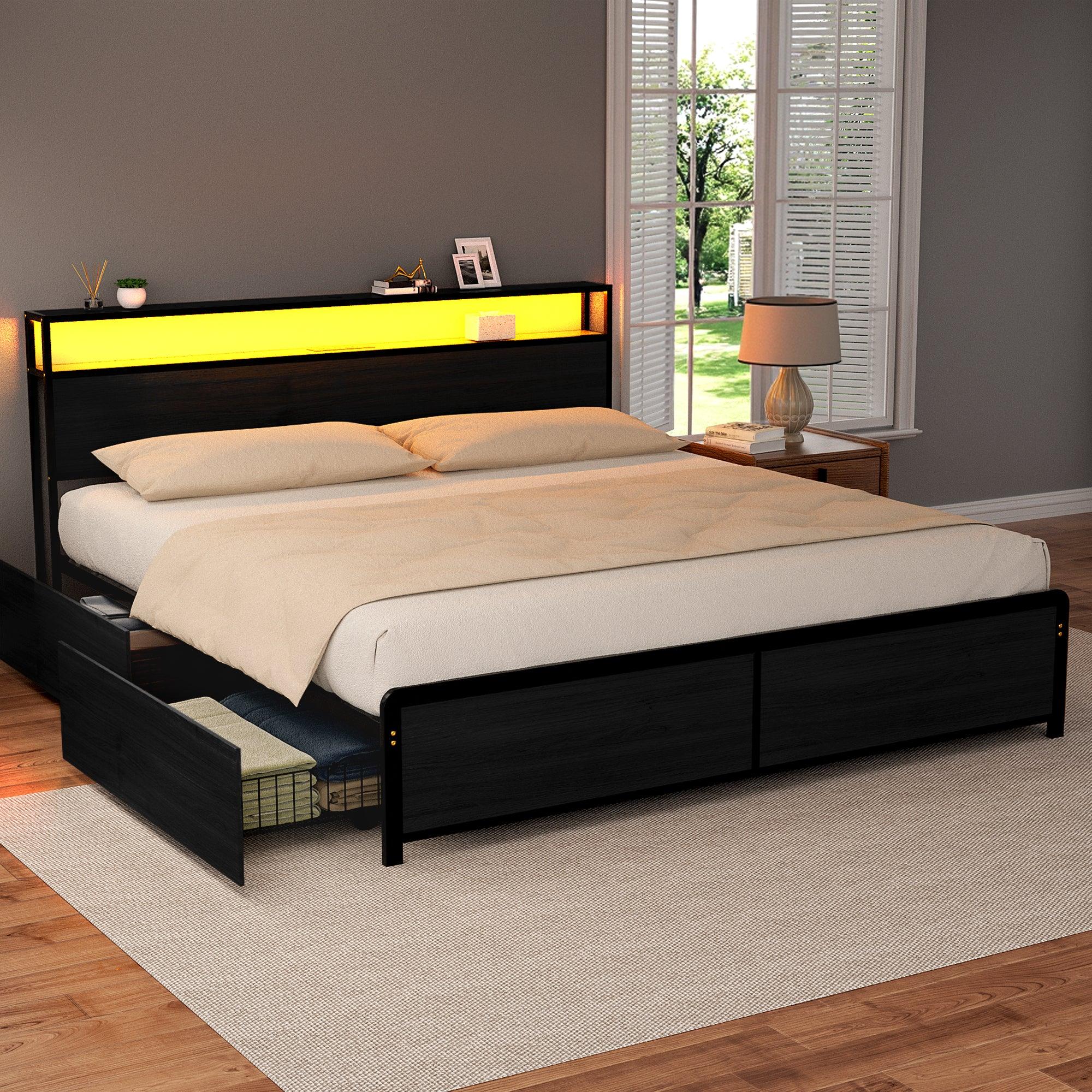 Metal Bed Frame King Size Storage Headboard Charge Station LED 4 Drawers