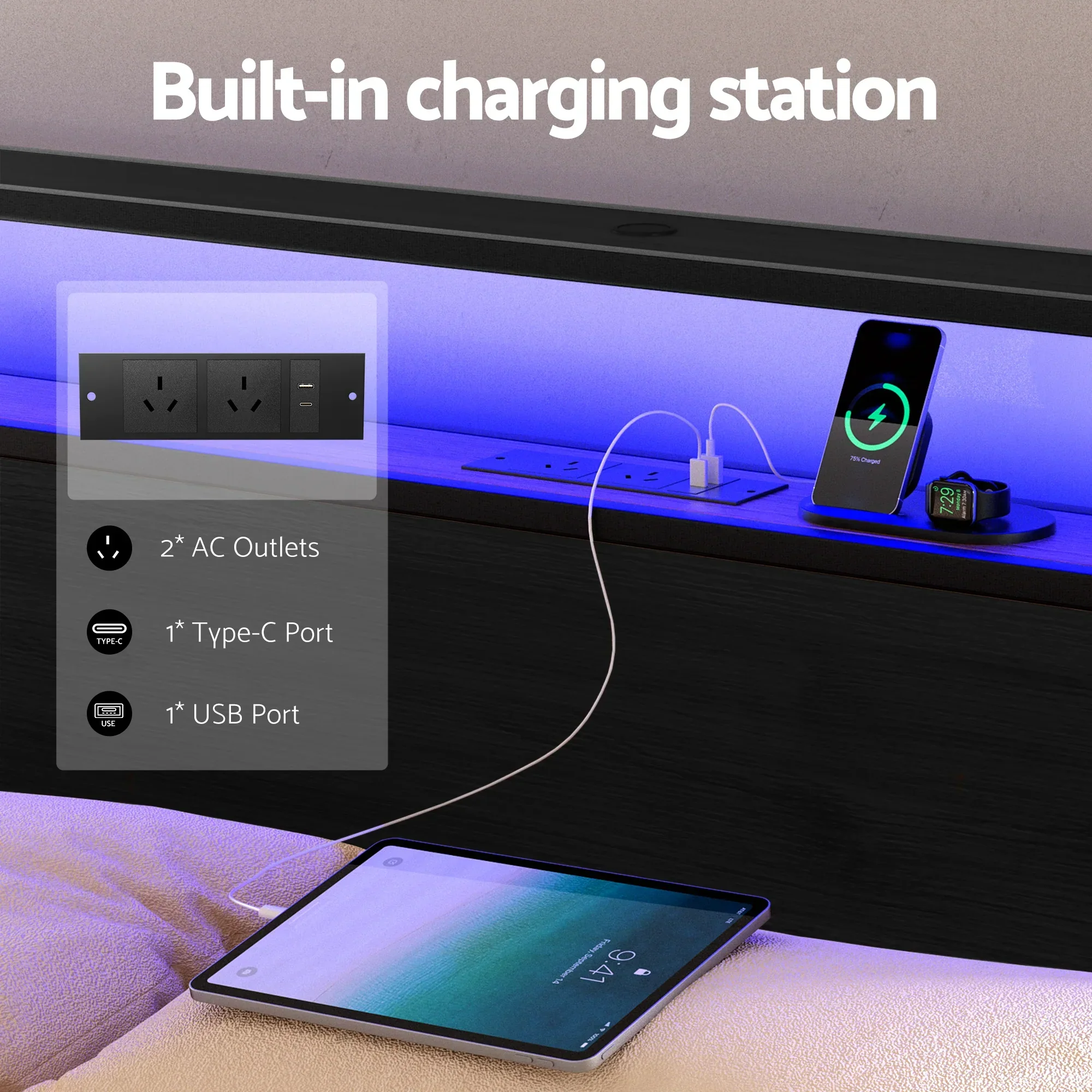 Metal Bed Frame King Size Storage Headboard Charge Station LED 4 Drawers - Image 4