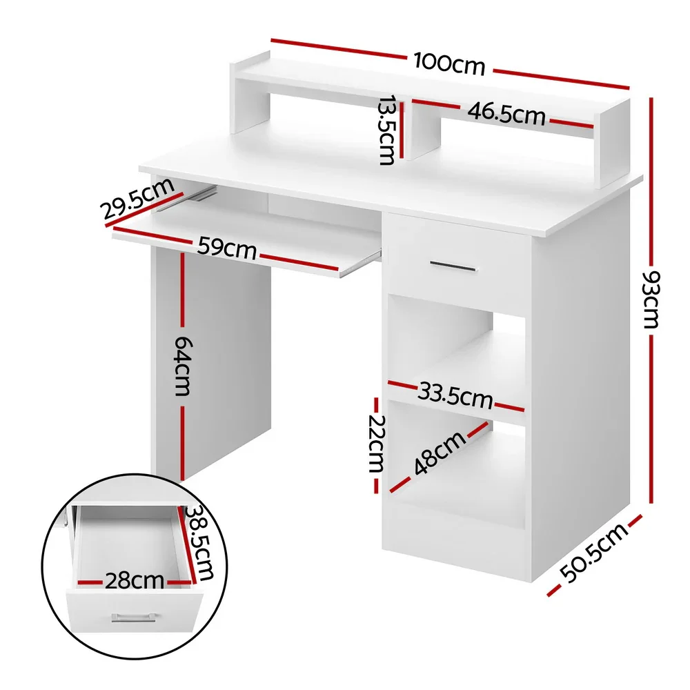 Computer Desk Shelf Drawer Cabinet White 100CM - Image 2