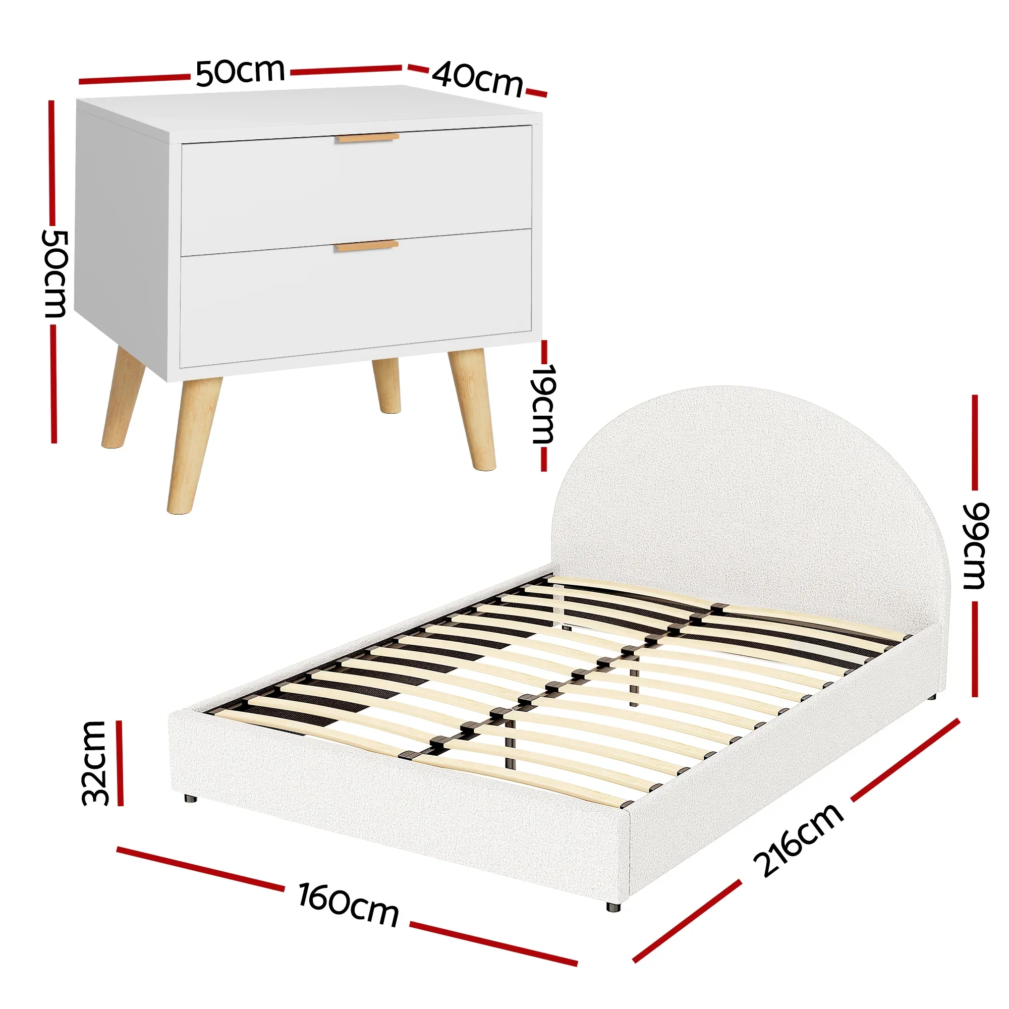 Queen Bed Frame Bedside Table Set Gas Lift Storage Base with Boucle Fabric Upholstered Headboard 2 Drawer Nightstand for Bedroom Furniture - Image 9