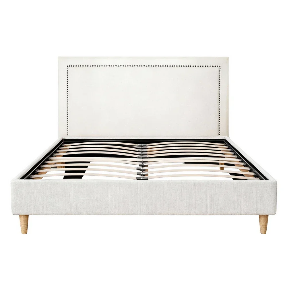 Queen Bed Frame Platform Bed Base Upholstered Headboard Linen Fabric Beige - Image 3