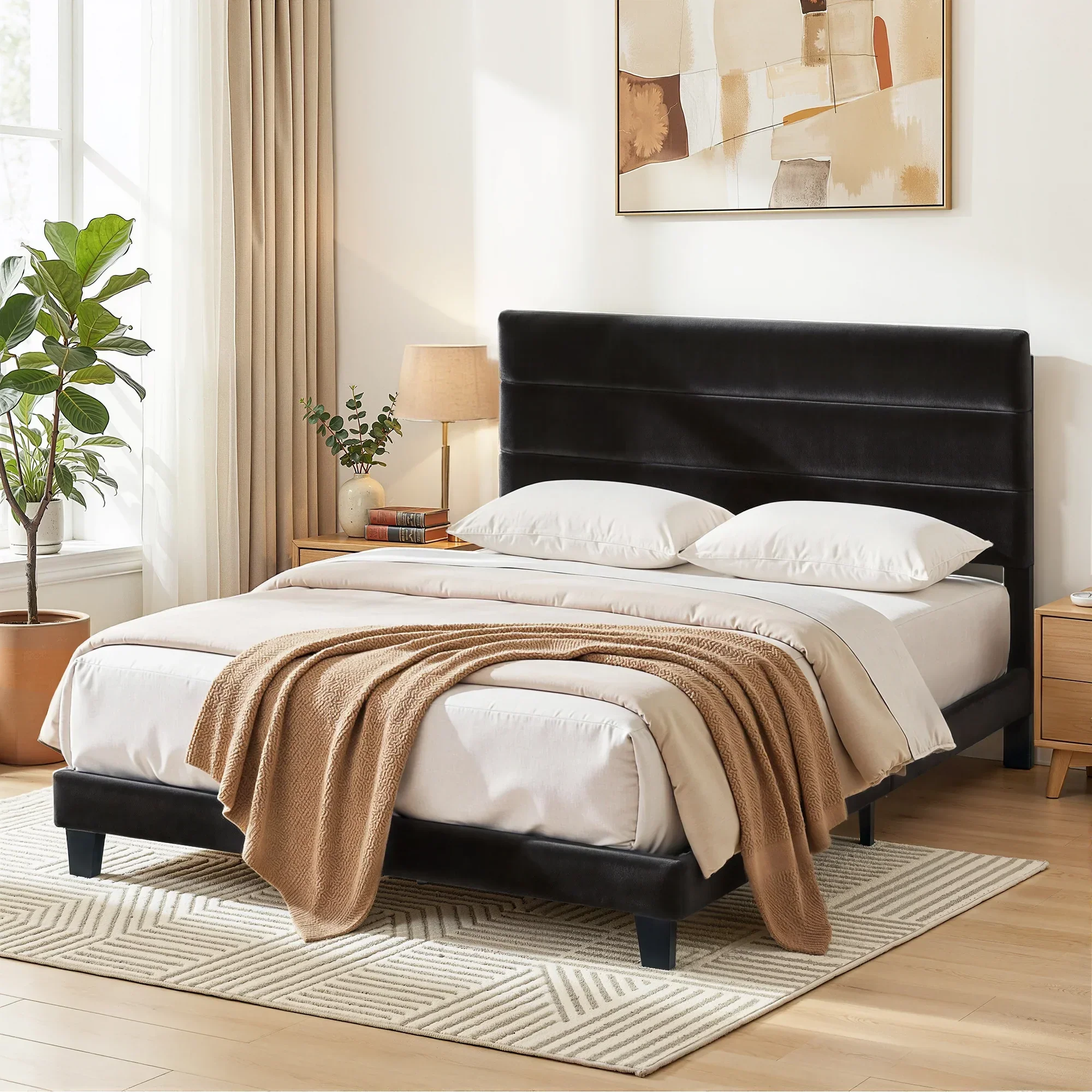 Queen Bed Frame Upholstered Platform Base with Geometric Headboard Black Velvet - Image 2