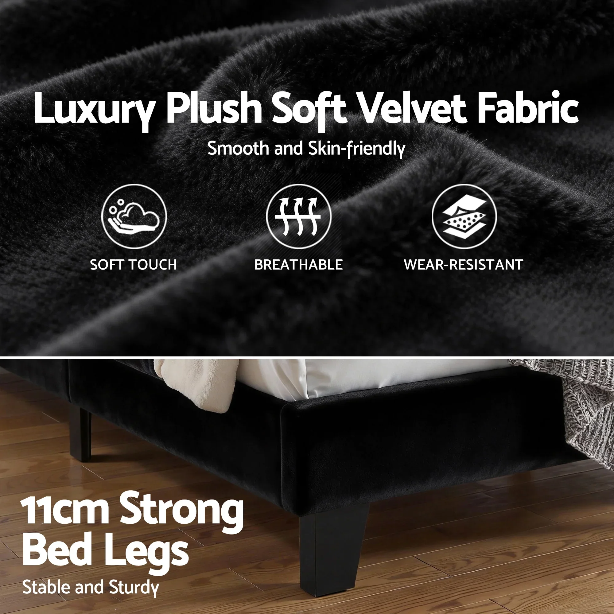 Queen Bed Frame Upholstered Platform Base with Geometric Headboard Black Velvet - Image 7