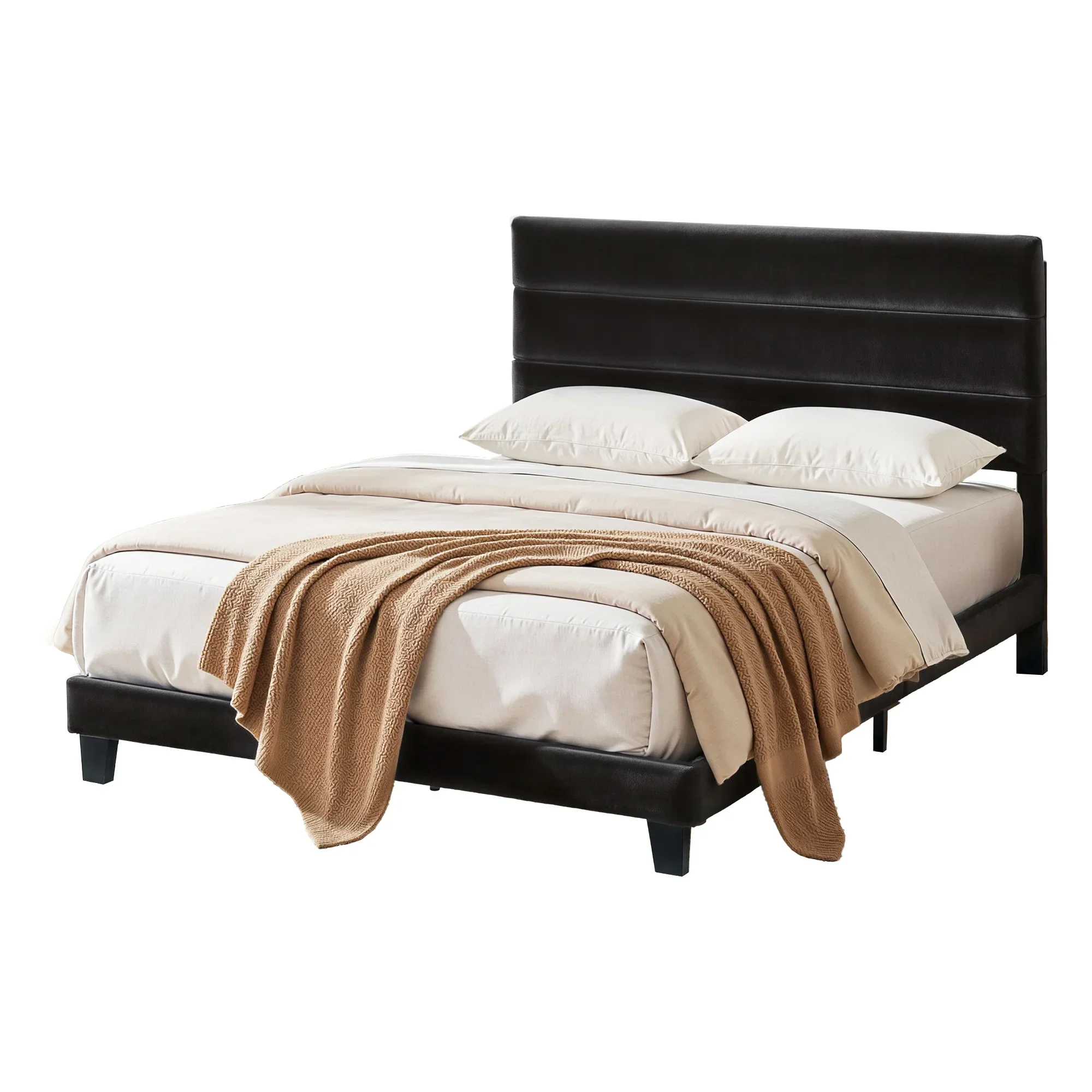 Queen Bed Frame Upholstered Platform Base with Geometric Headboard Black Velvet - Image 8