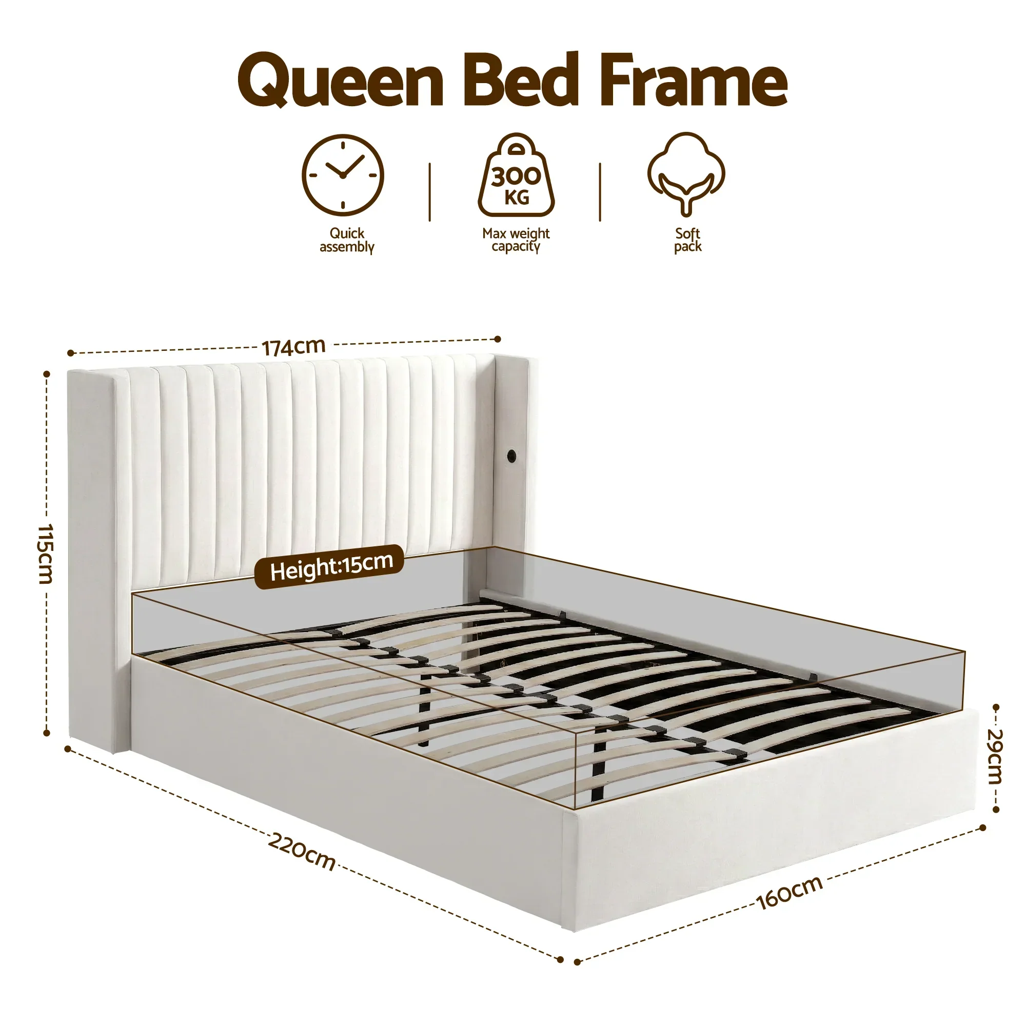 Queen Bed Frame with Gaslift Storage USB Type-C Charging Ports Velvet Upholstery White - Image 2