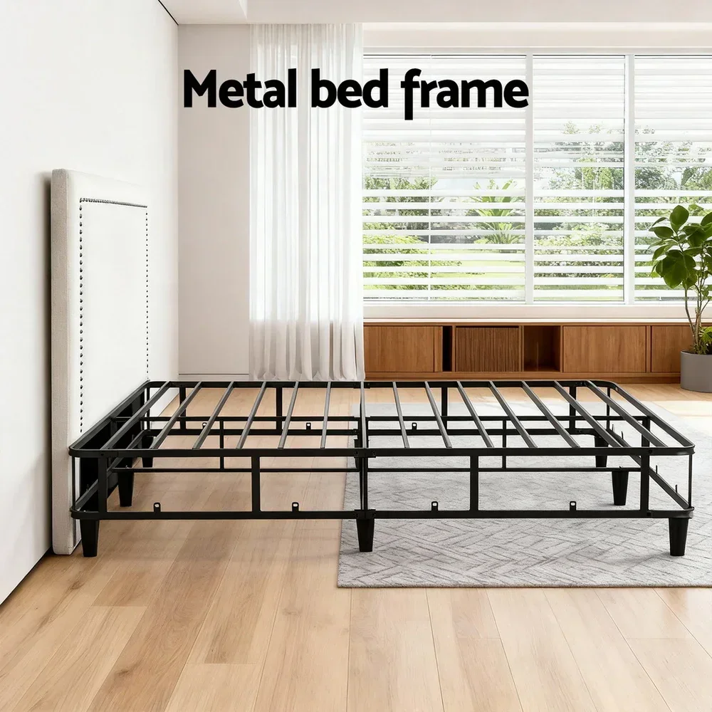 Queen Bed Frame with Headboard Platform Bed Base Grey Beige Fabric Metal - Image 5