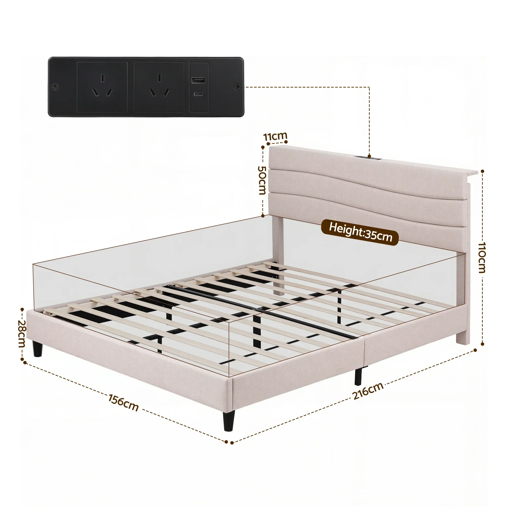 Queen Bed Frame with Storage Adjustable Headboard Platform Base Linen Fabric Charging Ports - Image 2