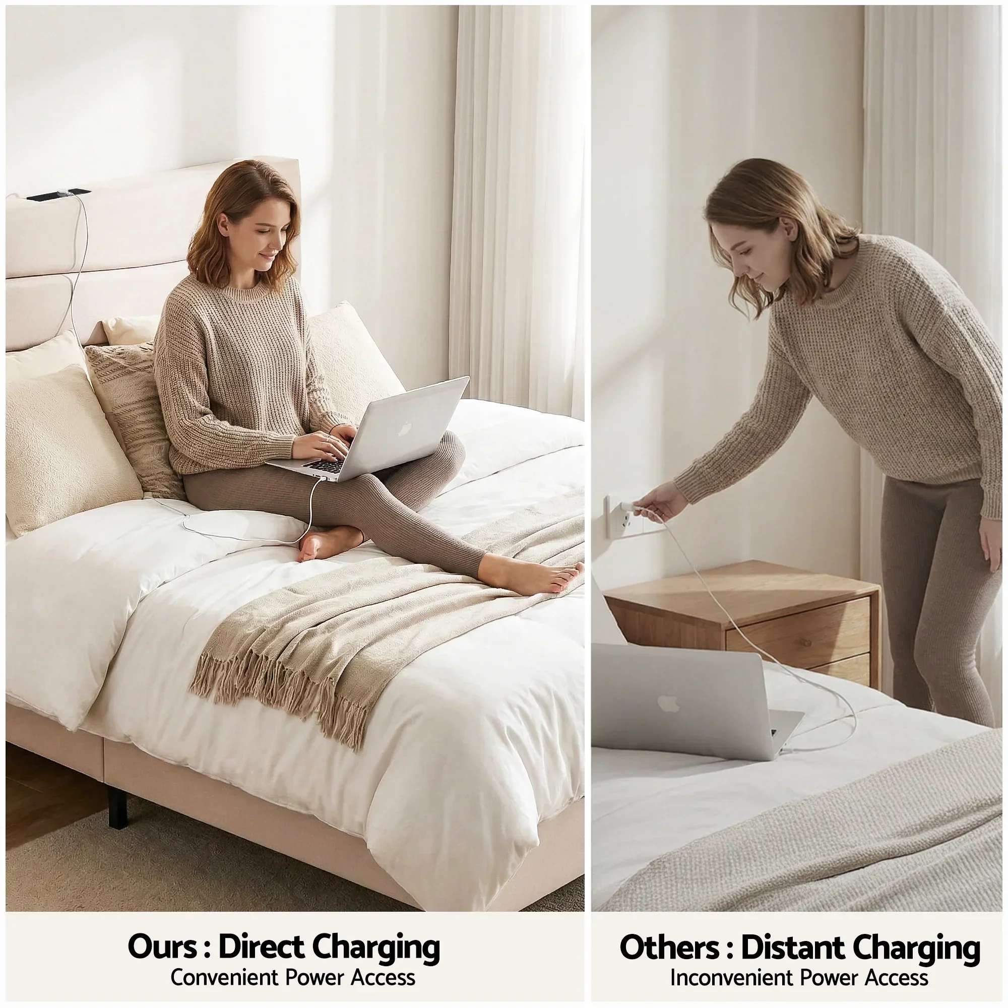 Queen Bed Frame with Storage Adjustable Headboard Platform Base Linen Fabric Charging Ports - Image 8