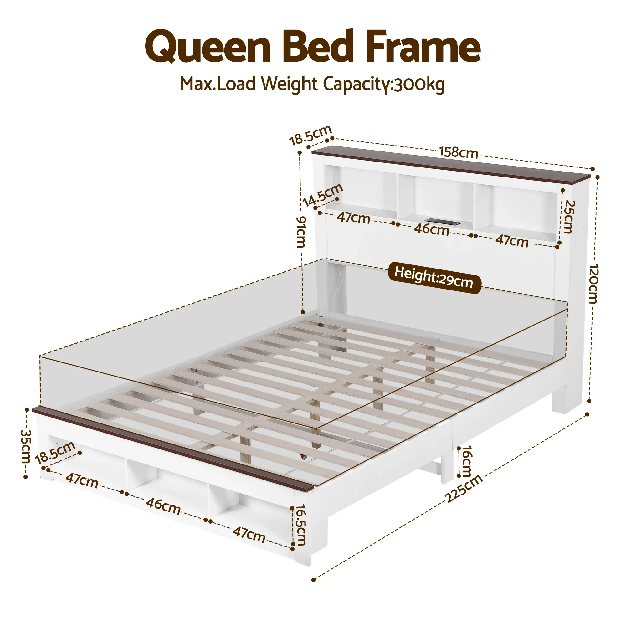 Queen Bed Frame with Storage Bookcase Headboard and Footboard White Wooden Platform Bed with Charging Station and Led Light Bedroom Furniture - Image 8