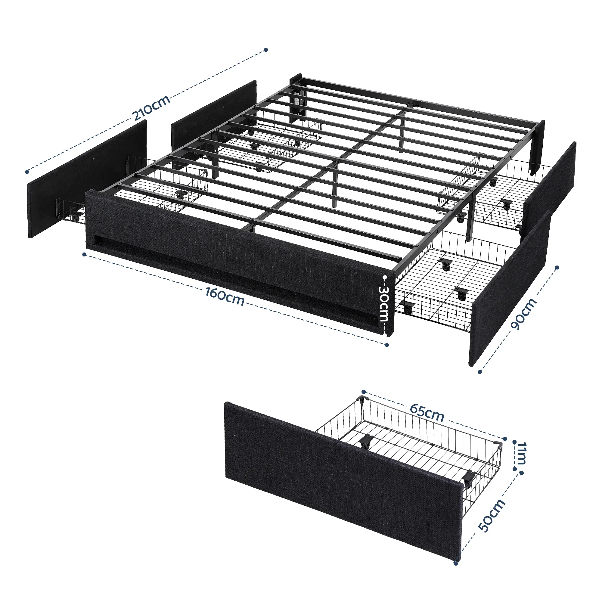 Queen Bed Frame with Storage Drawers RGB Lights Charging Station Upholstered Fabric - Image 2