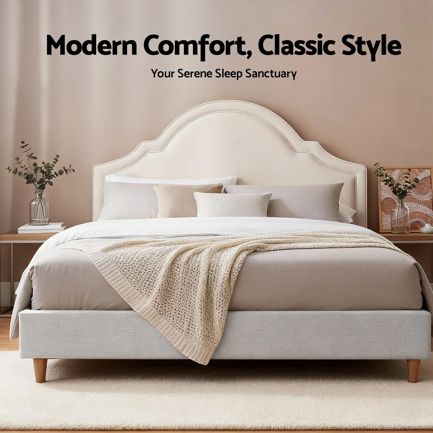 Queen Bed Frame with Storage Scalloped Velvet Headboard Wooden Platform Base - Image 4