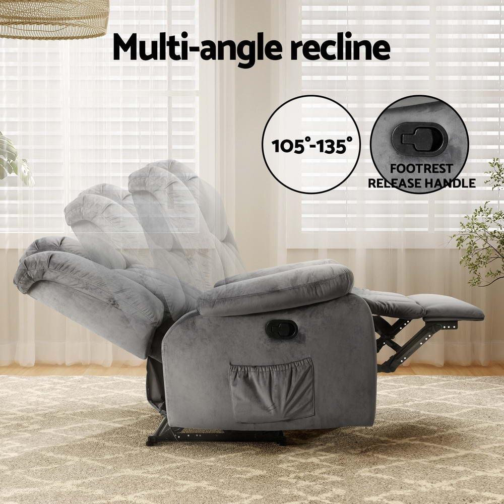 Recliner Chair Electric Massage Chair Velvet Lounge Sofa Heated Grey - Image 5