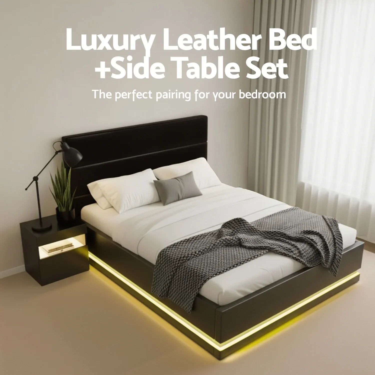 RGB LED Double Bed Frame with Beside Table Set 16 Colour Mood Lighting - Image 2
