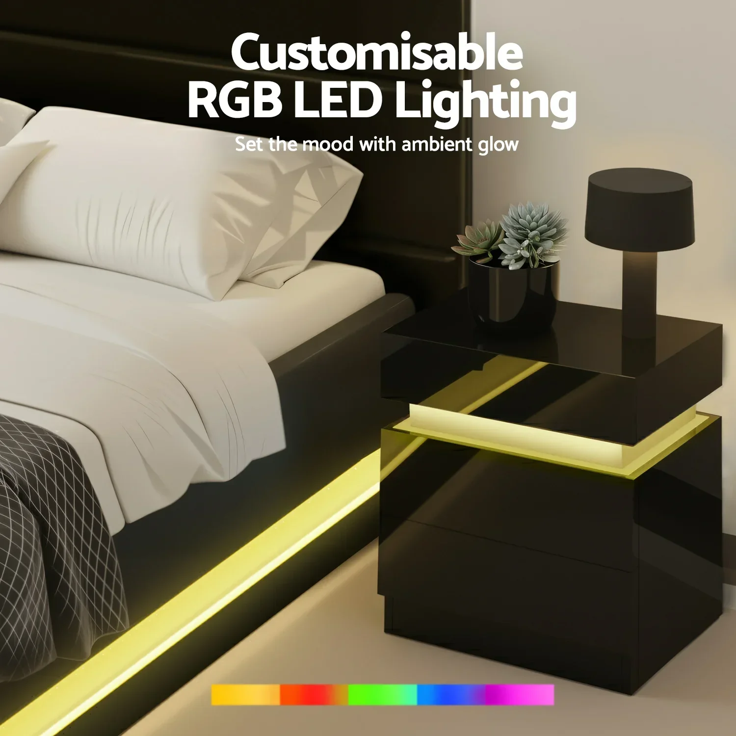 RGB LED Queen Bed Frame with 2 Beside Tables Set 16 Colour Mood Lighting - Image 6