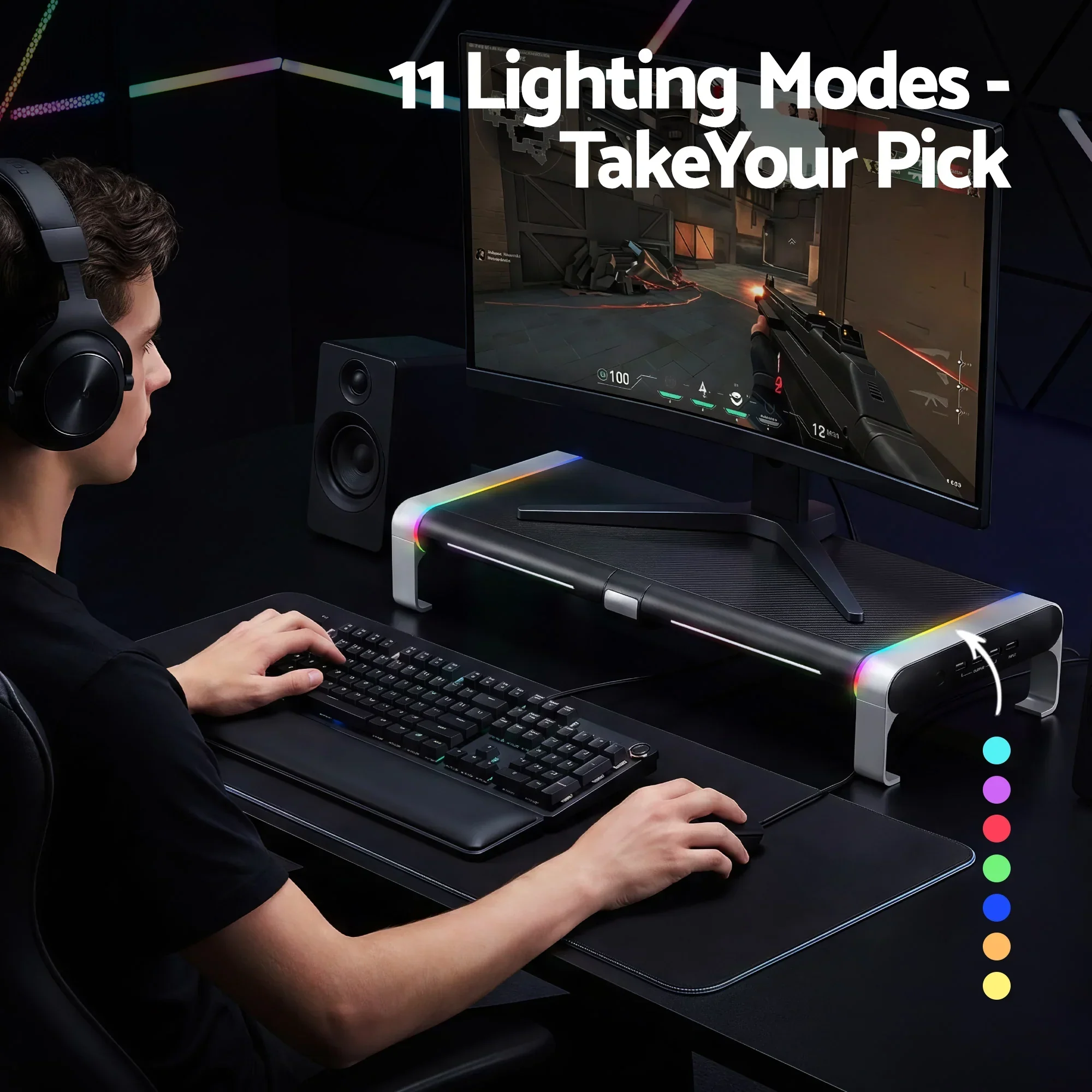 RGB Monitor Stand with USB Hub Desk Organiser Charging Stand Computer Stand Black - Image 5