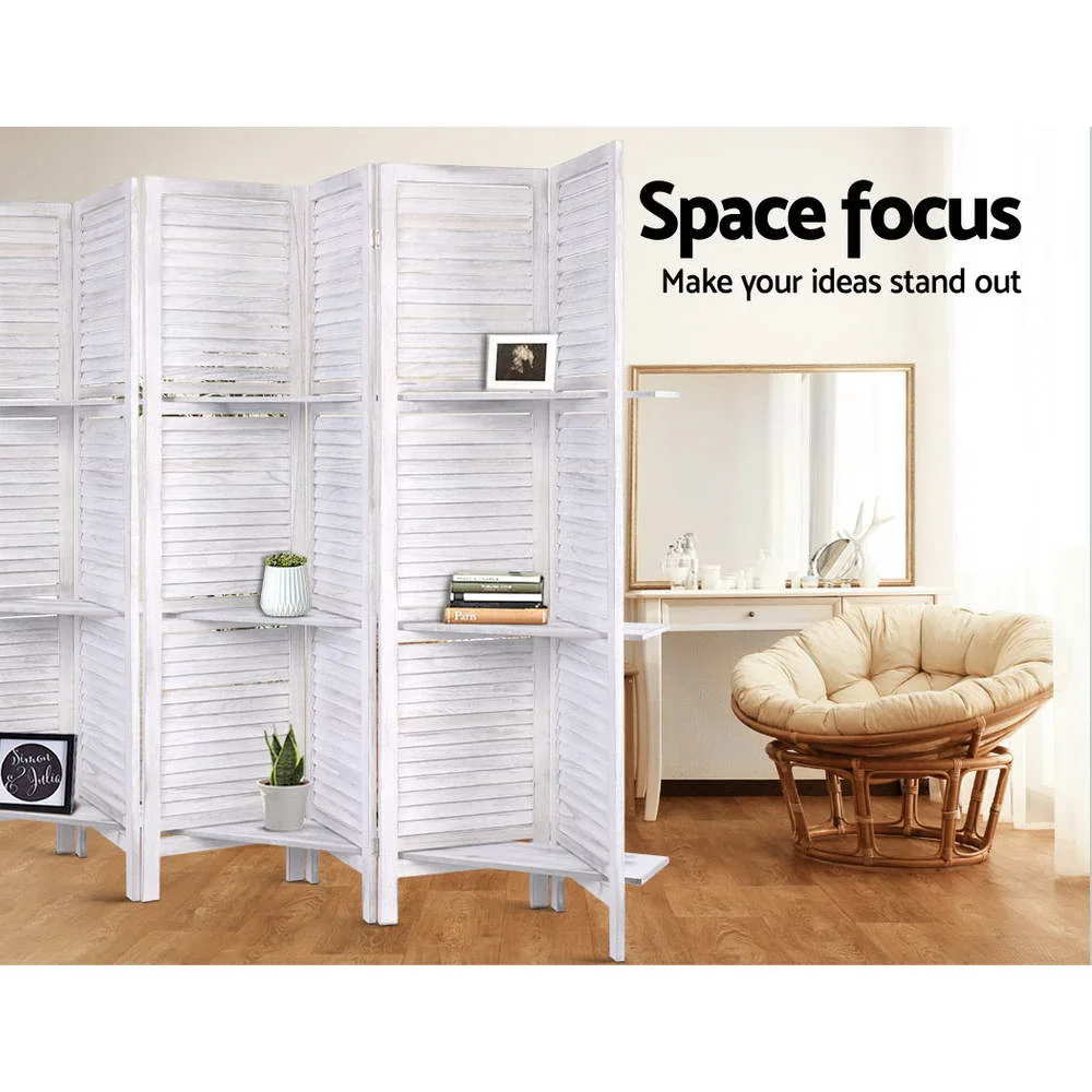 8 Panel Room Divider Screen 326x170cm Shelf White - Image 4