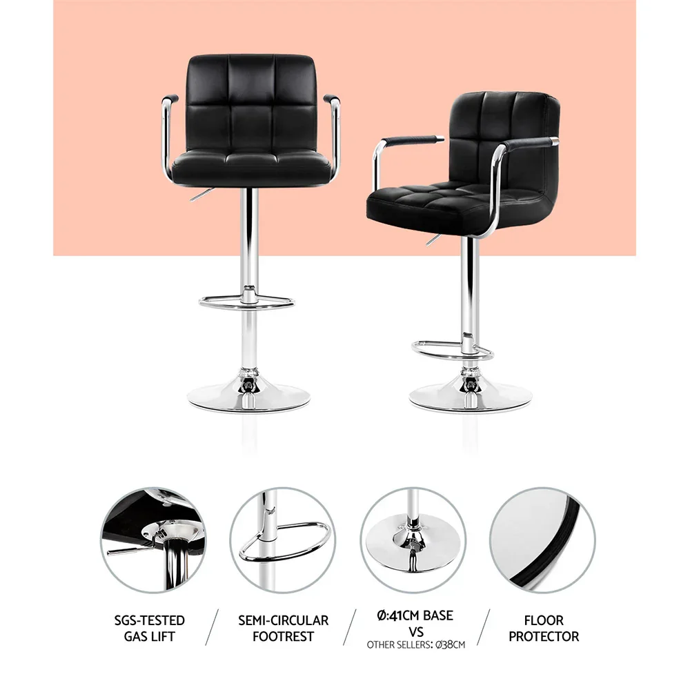 2x Bar Stools Leather Gas Lift w/Armrest Black - Image 5