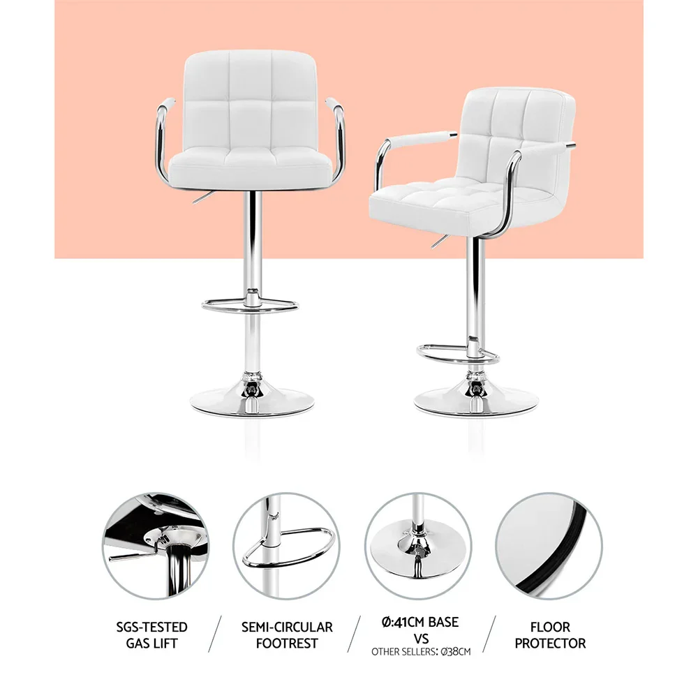 2x Bar Stools Leather Gas Lift w/Armrest White - Image 6