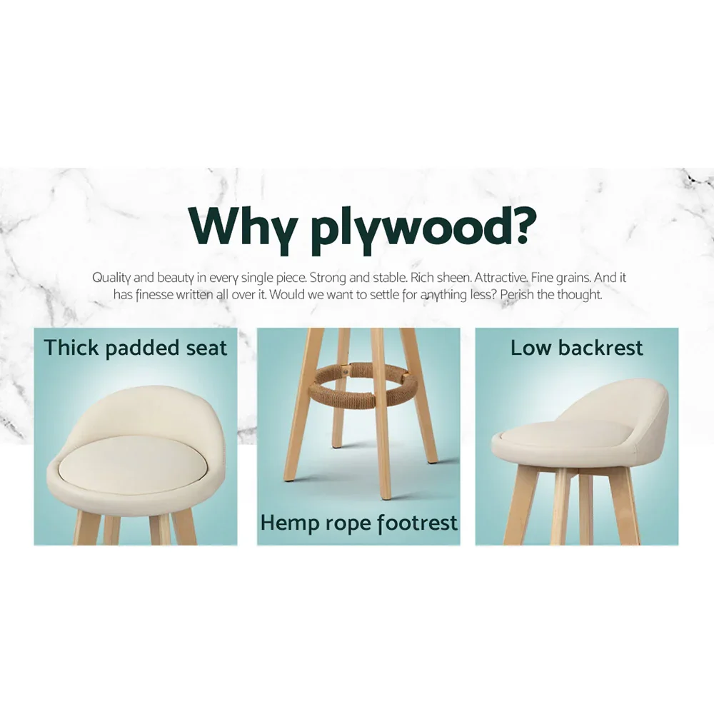 2x Bar Stools Padded Leather Wooden Beige - Image 2