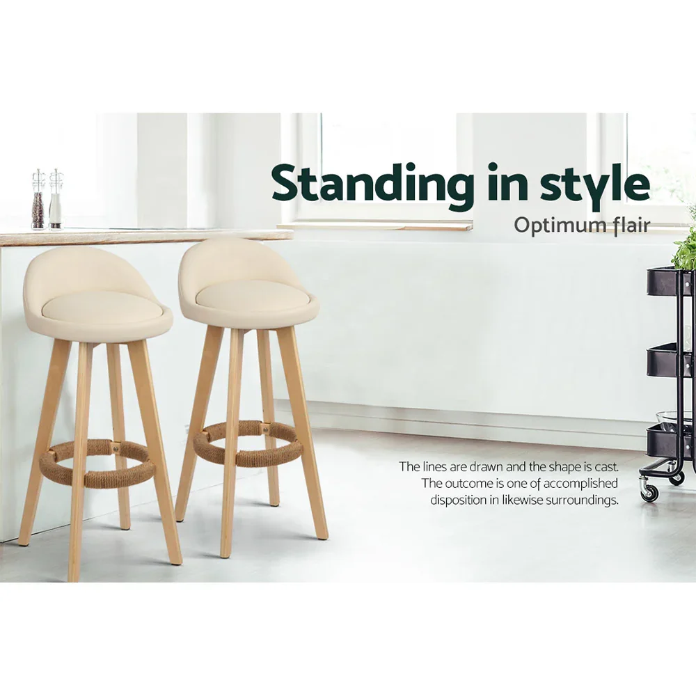 2x Bar Stools Padded Leather Wooden Beige - Image 3