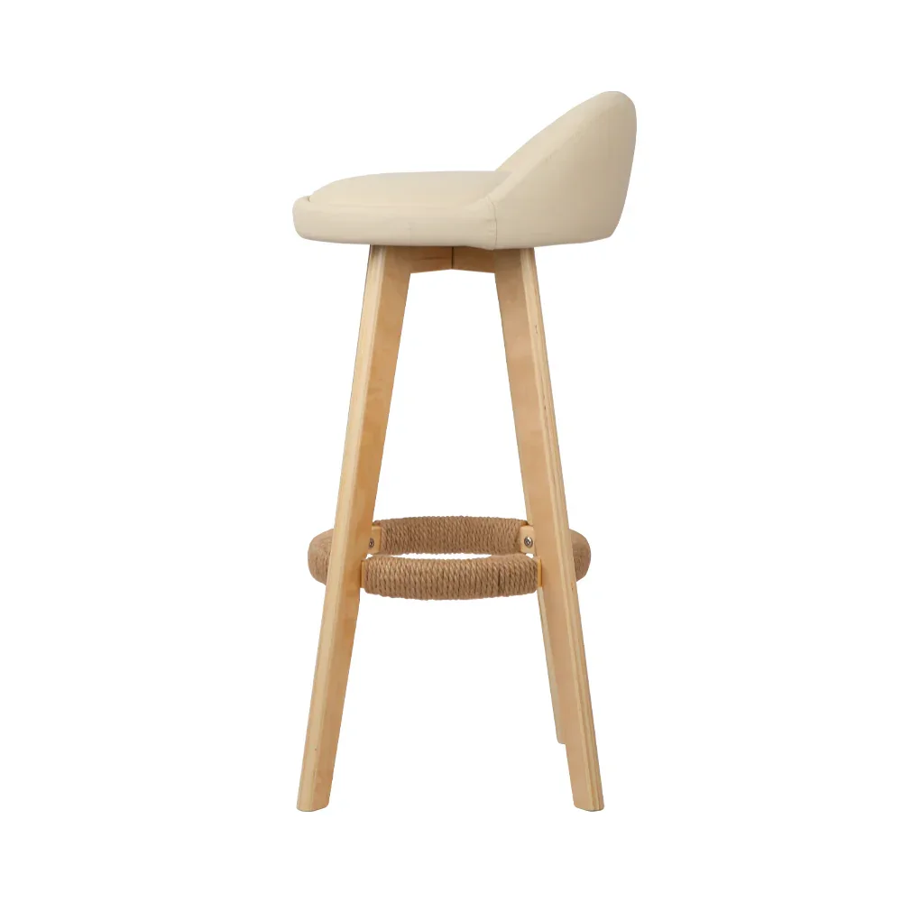 2x Bar Stools Padded Leather Wooden Beige - Image 7