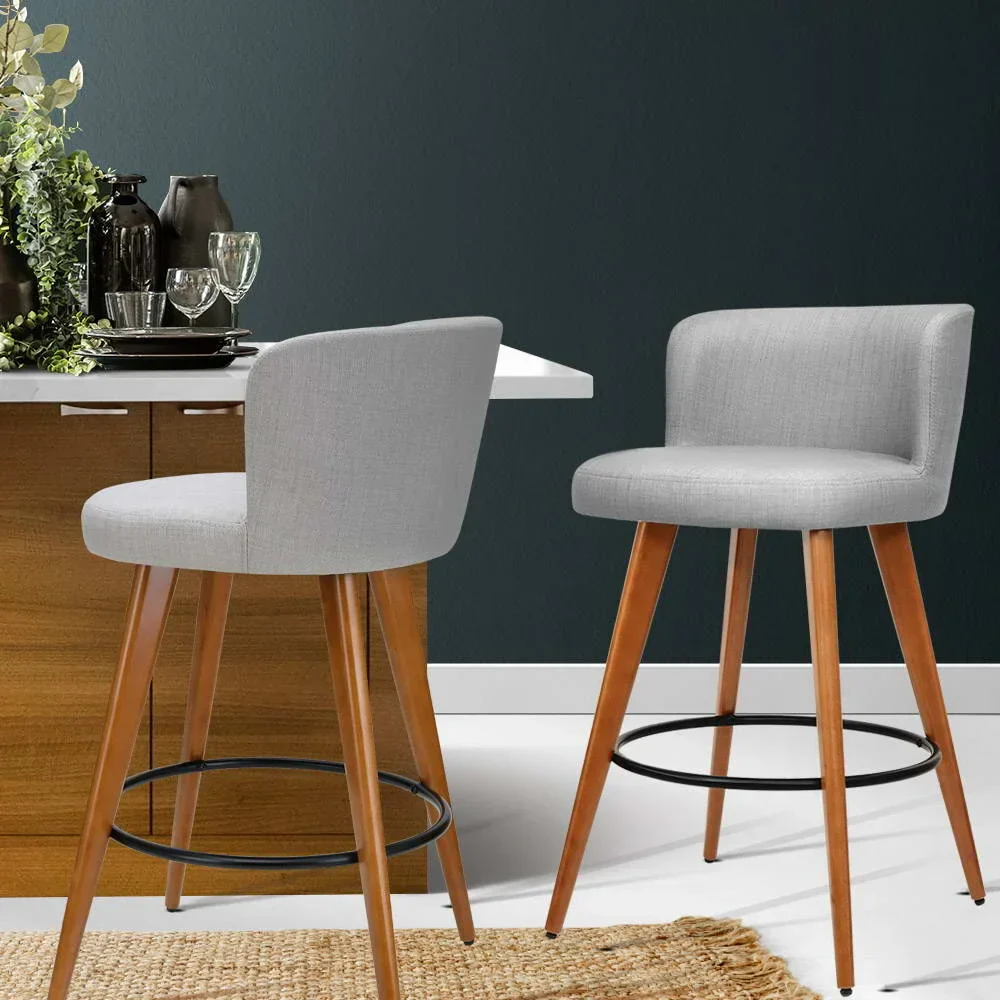 2x Bar Stools Linen Padded Wooden Grey - Image 7