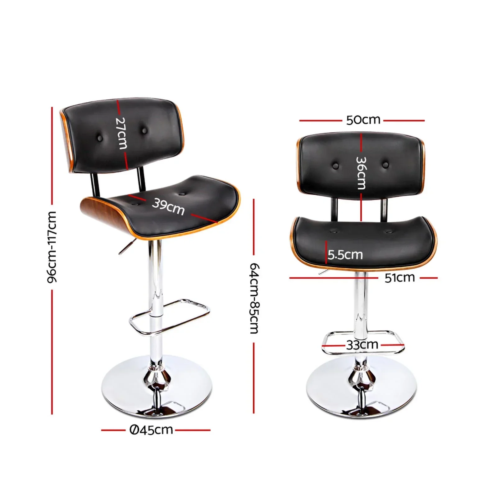 2x Bar Stools Gas Lift Leather Black - Image 2