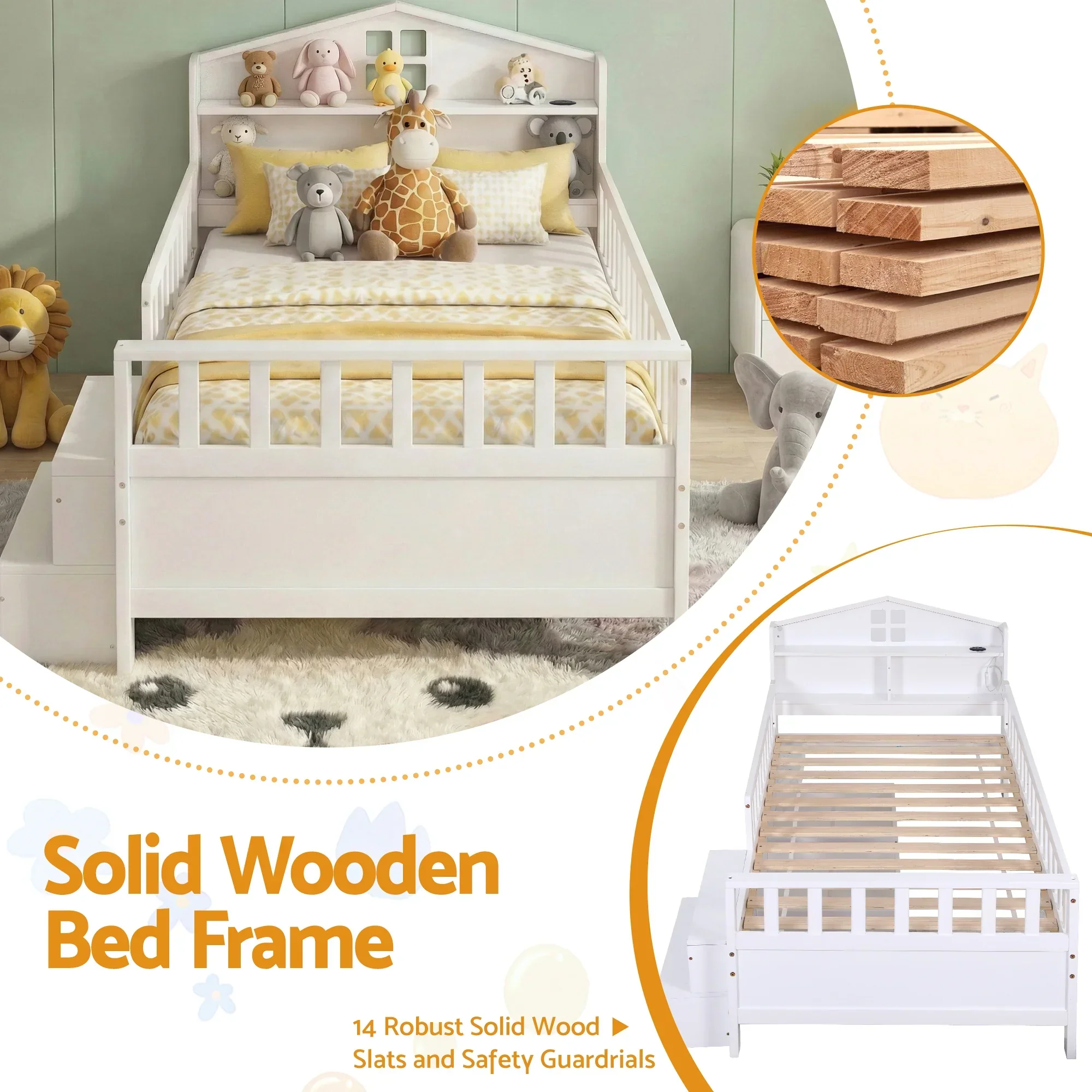 Single Bed Frame with 2 Storage Drawers, Montessori Bed with Headboard, 2 USB Ports & Led Light, Solid Wood Platform Bed Base with Safety Rail & Ladder, 31CM Under-Bed Storage, White - Image 3