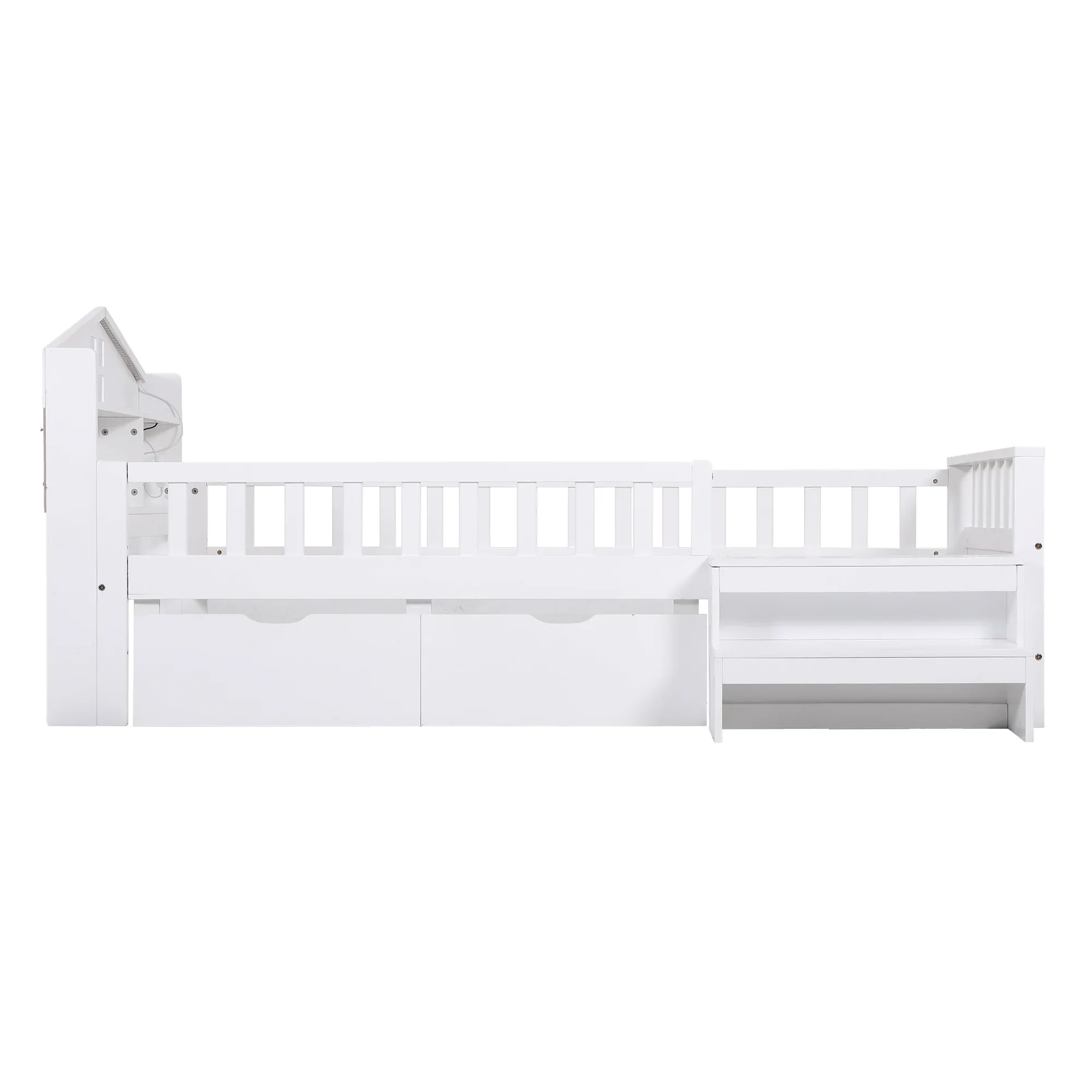 Single Bed Frame with 2 Storage Drawers, Montessori Bed with Headboard, 2 USB Ports & Led Light, Solid Wood Platform Bed Base with Safety Rail & Ladder, 31CM Under-Bed Storage, White - Image 9