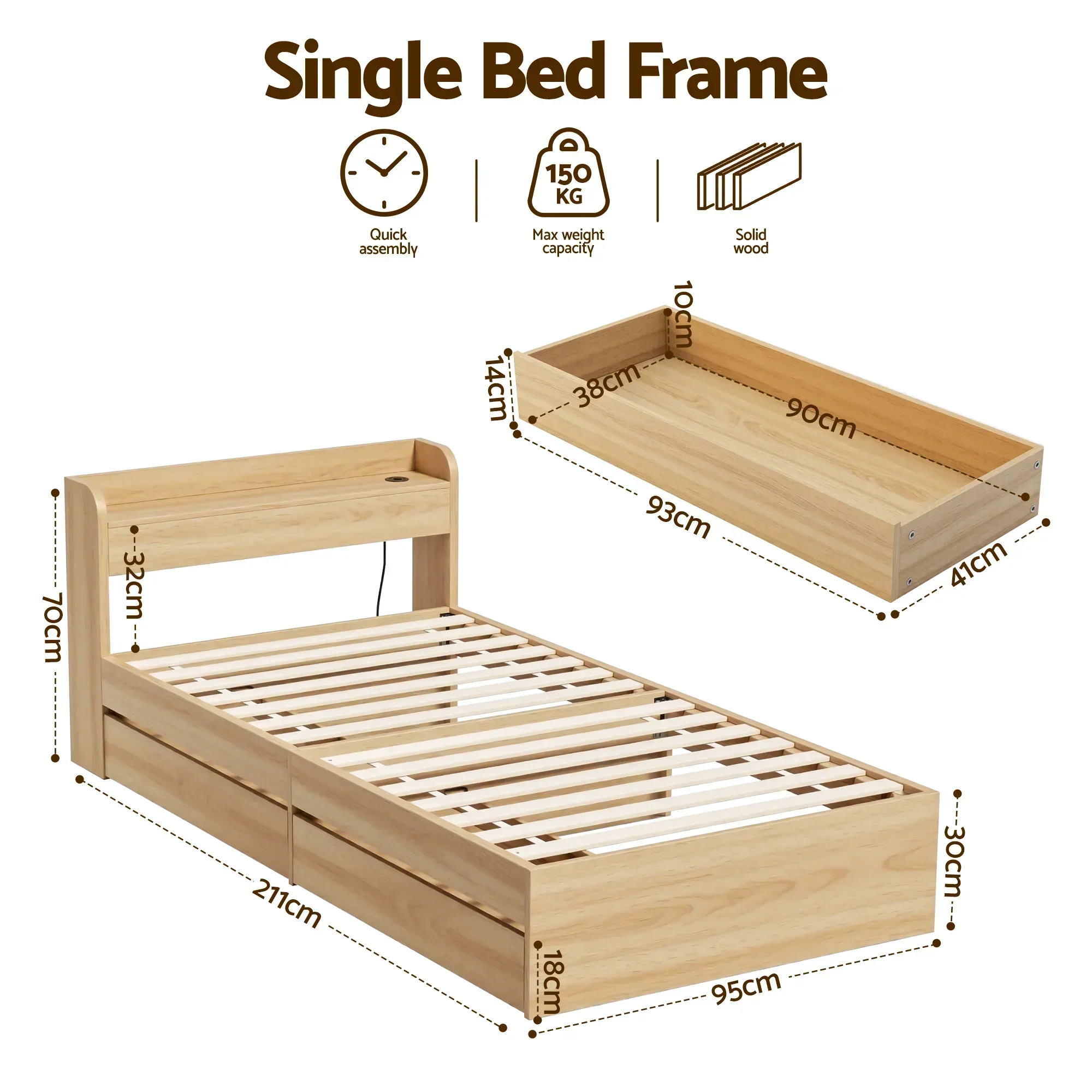 Single Bed Frame with 2 Storage Drawers Platform Bed Base with USB Ports Sturdy Wooden Slat Support Natural - Image 2