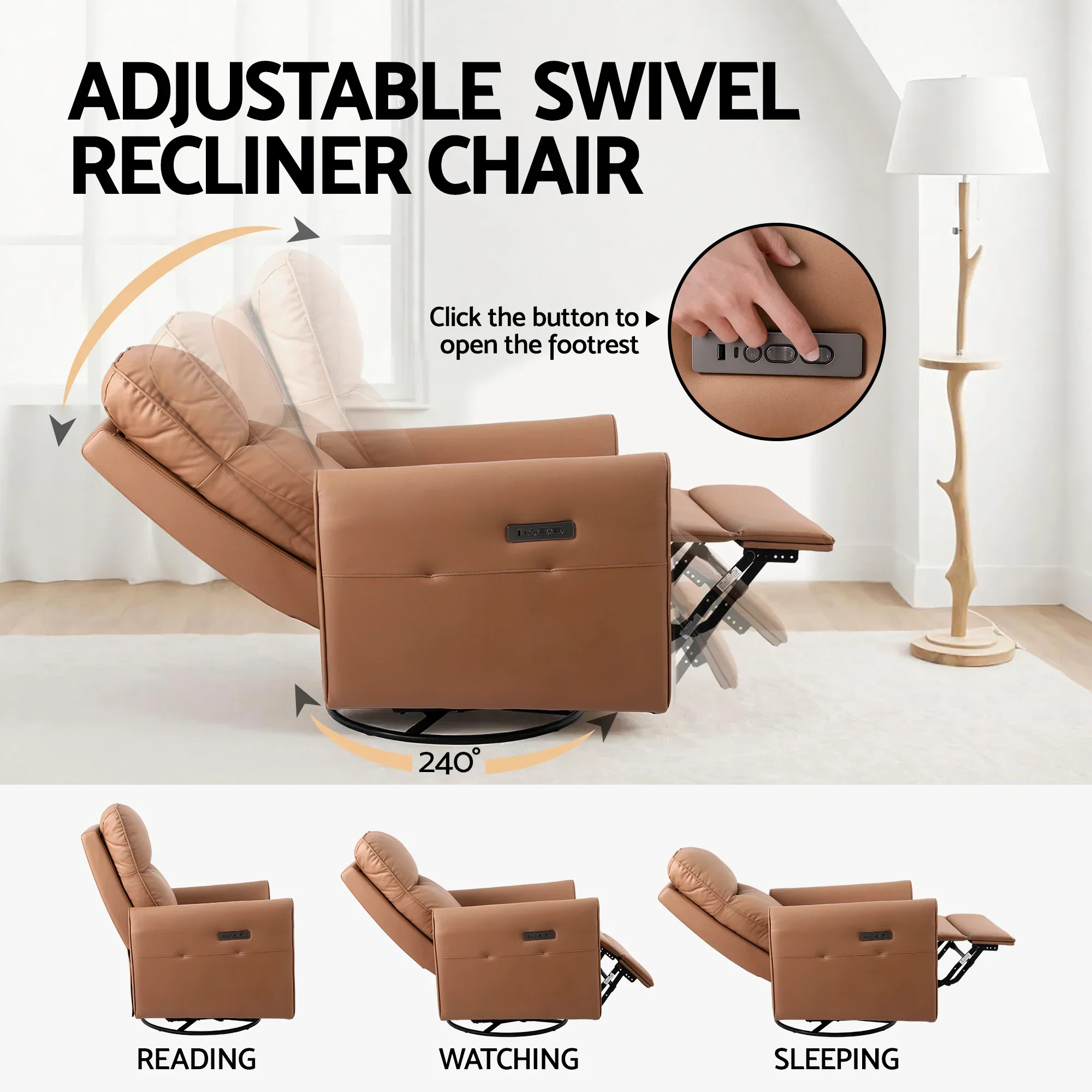 Swivel Recliner Chair Leather Rocking Reclining Sofa with Charging Ports LED Brown - Image 2