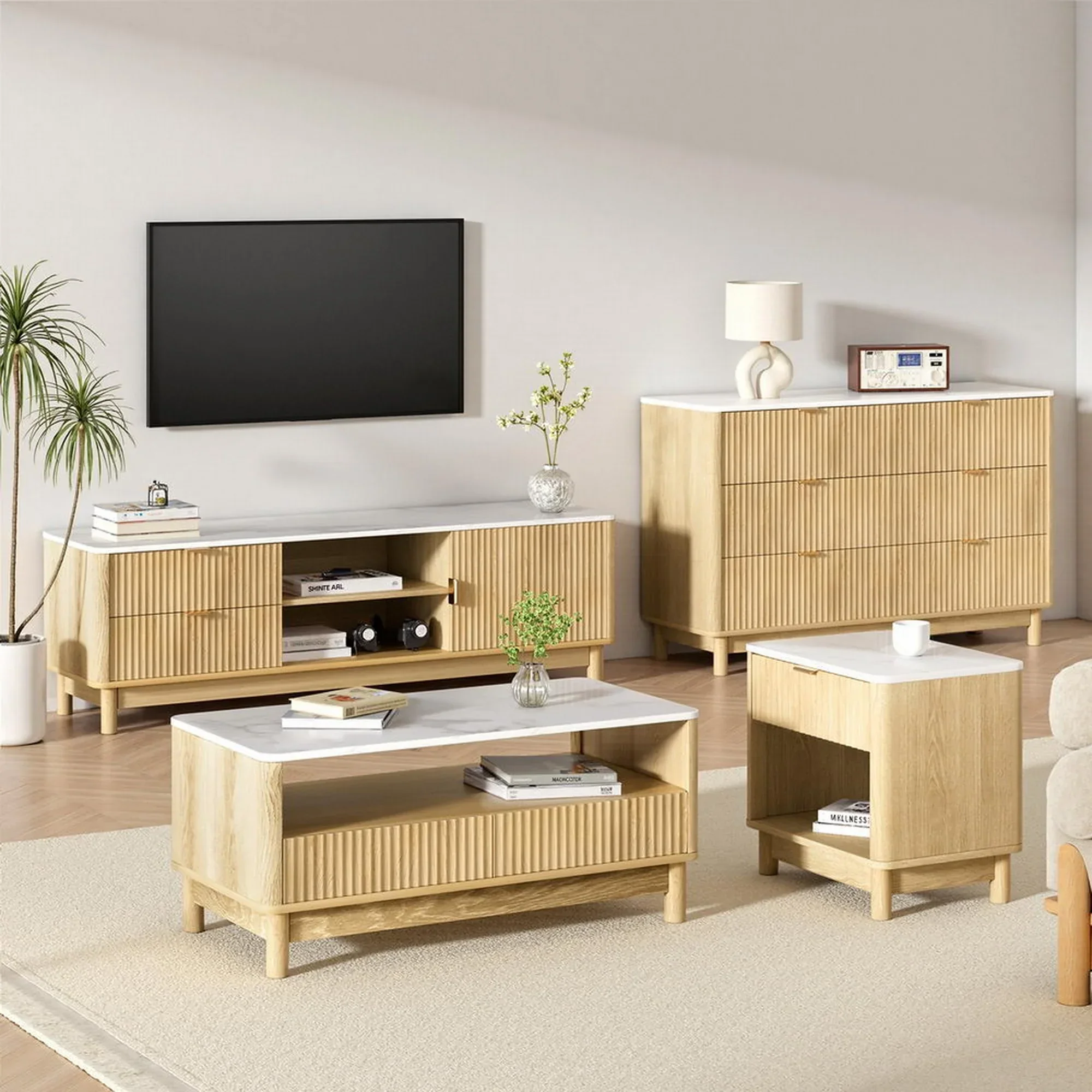 TV Unit & Coffee Table Set Storage Drawers Pine - Image 8