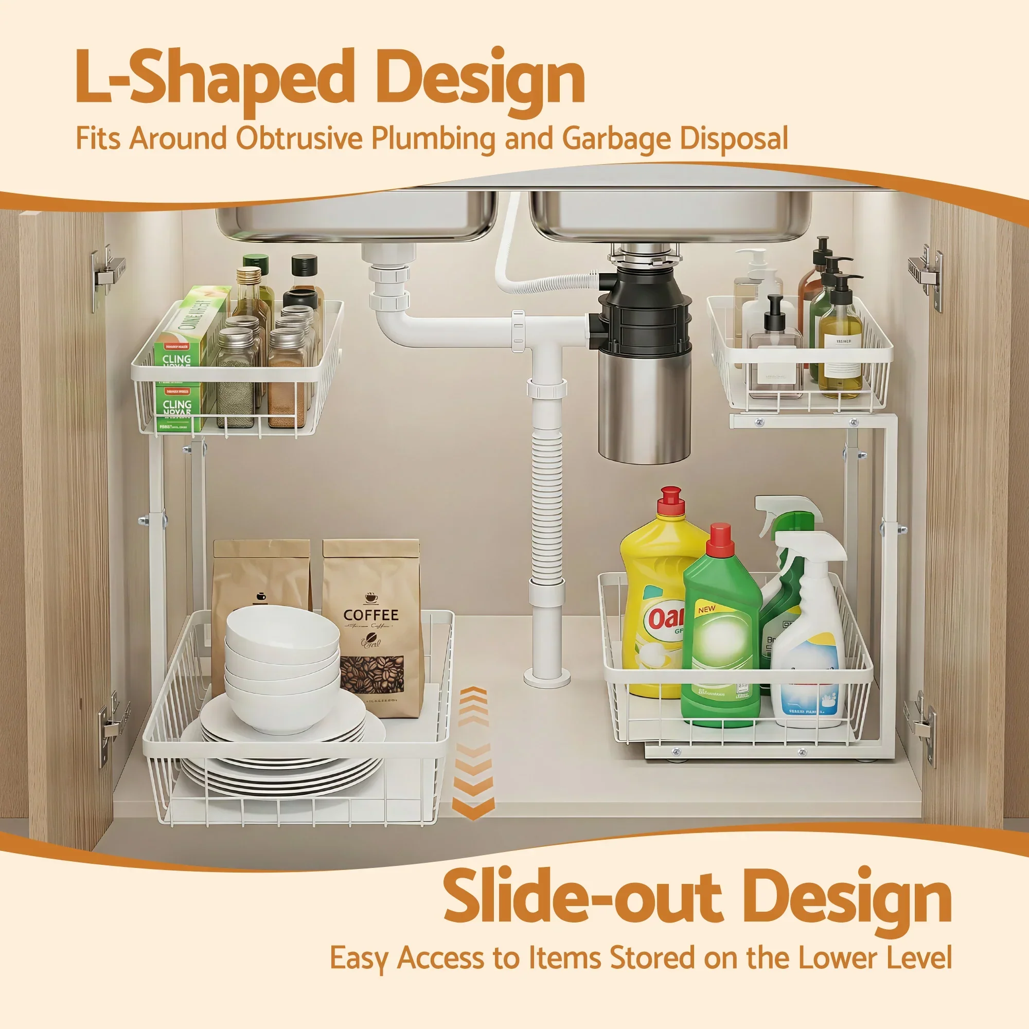 Under Sink Organizer Storage with 2 Slide Out Drawers 5 Adjustable Height Bathroom Kitchen Cabinet - Image 4