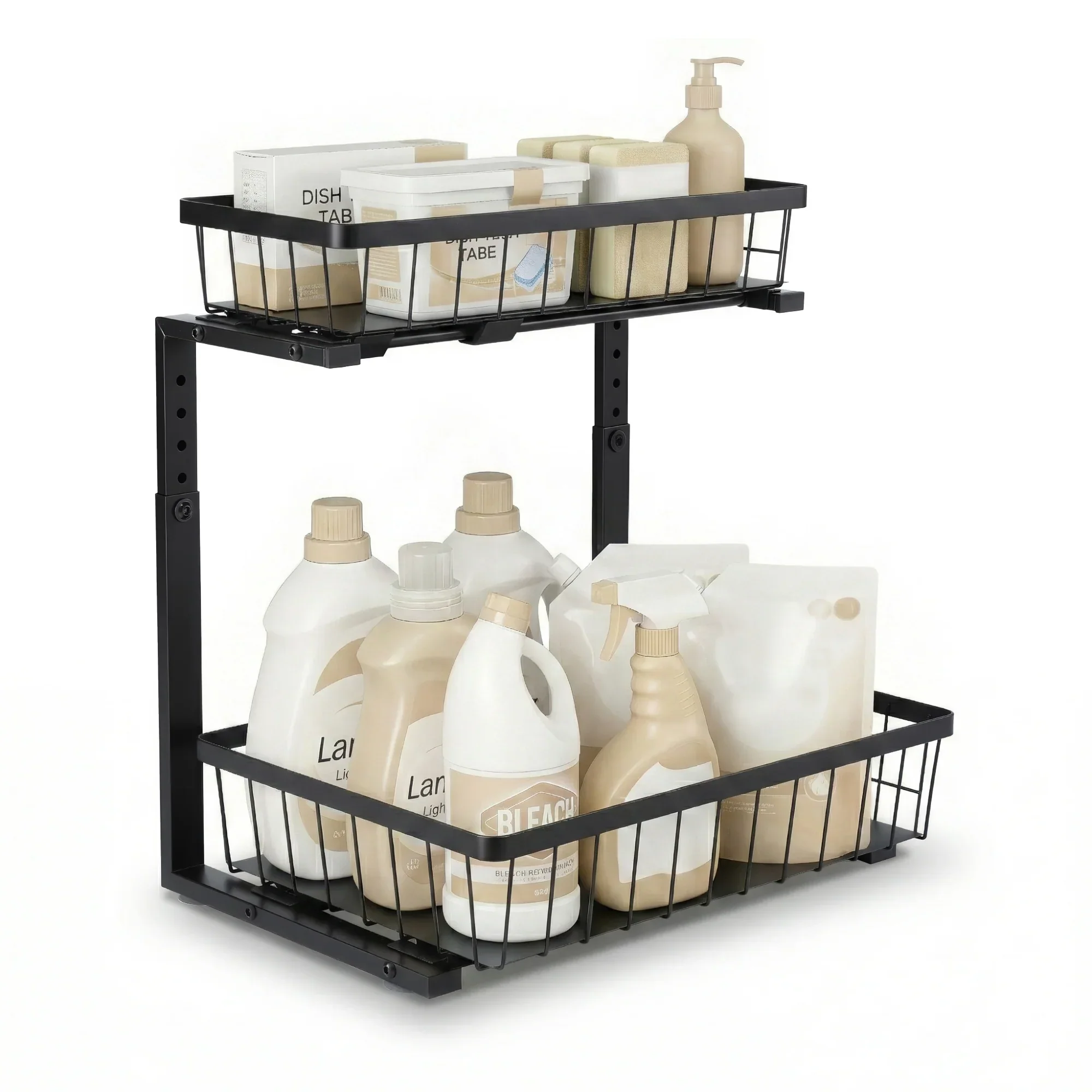 Under Sink Organizer Storage with 2 Slide Out Drawers 5 Adjustable Height Bathroom Kitchen Cabinet Black