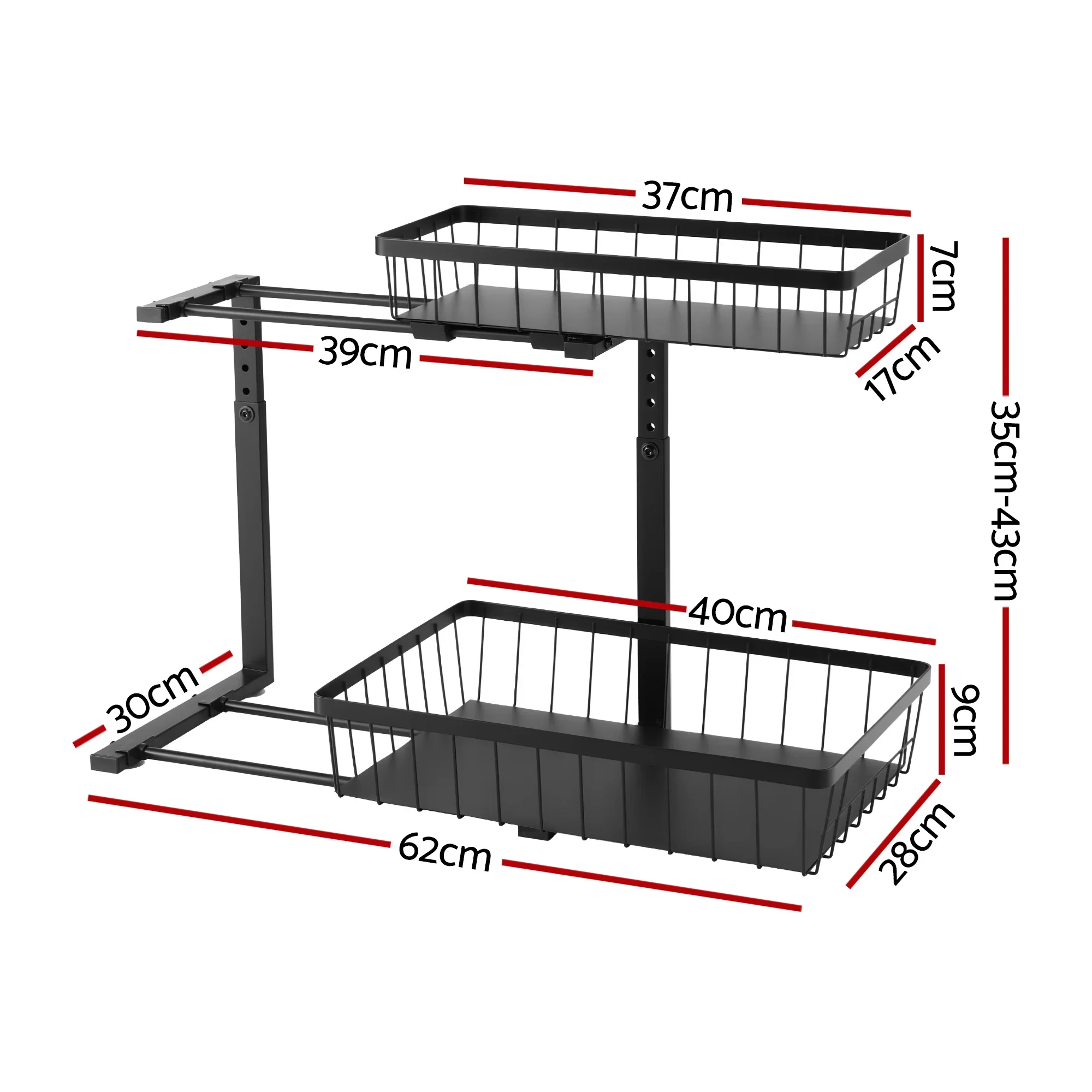Under Sink Organizer Storage with 2 Slide Out Drawers 5 Adjustable Height Bathroom Kitchen Cabinet Black - Image 2
