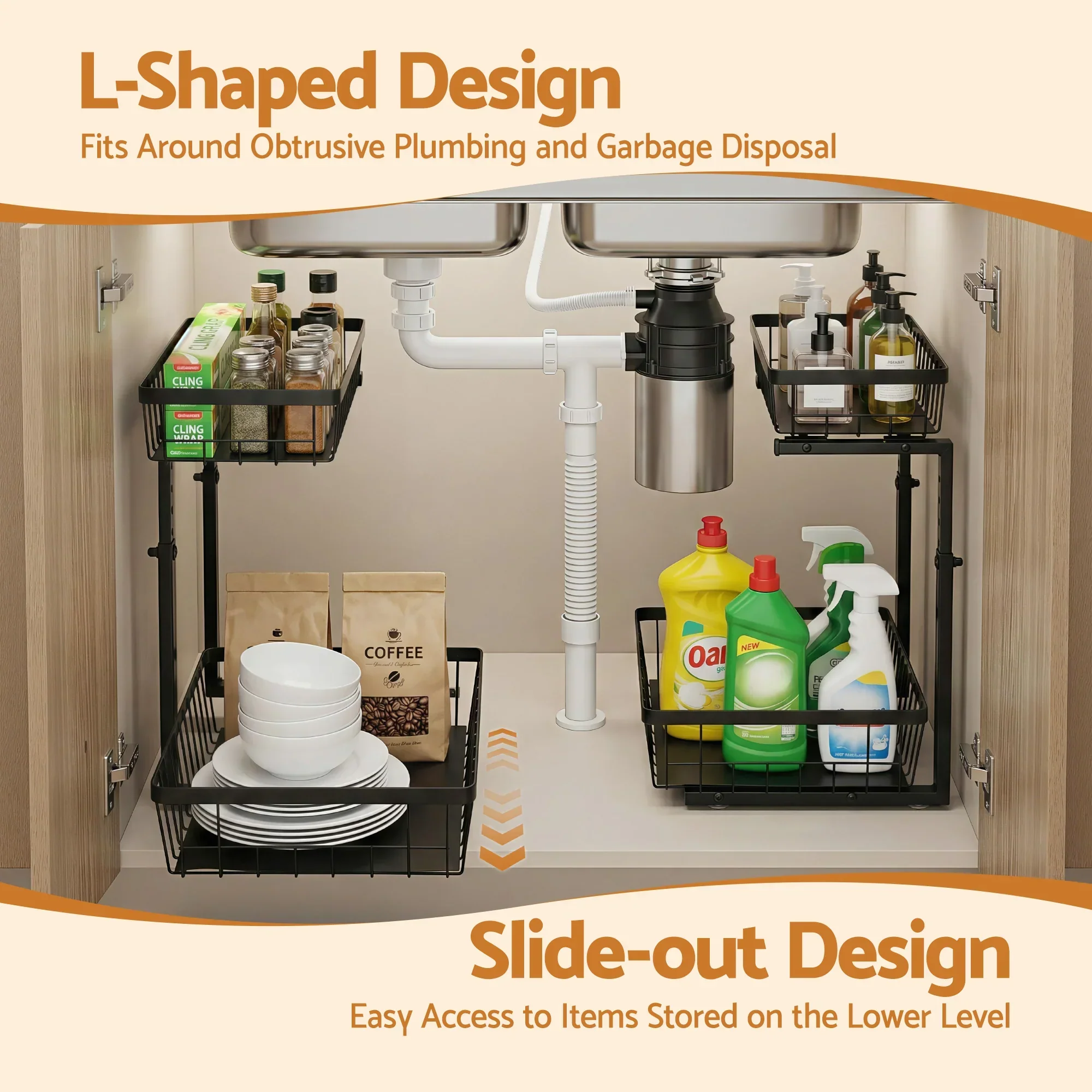 Under Sink Organizer Storage with 2 Slide Out Drawers 5 Adjustable Height Bathroom Kitchen Cabinet Black - Image 4