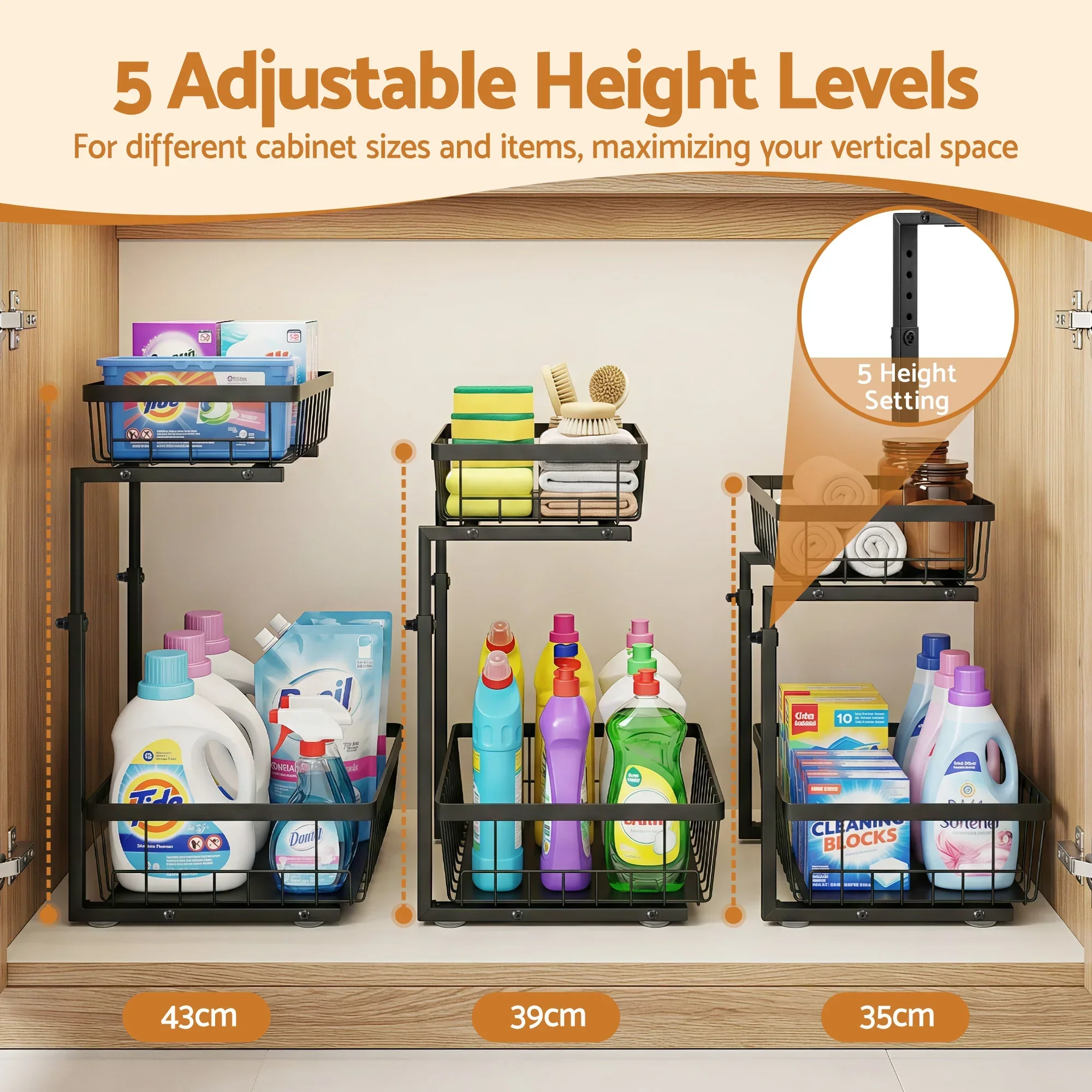 Under Sink Organizer Storage with 2 Slide Out Drawers 5 Adjustable Height Bathroom Kitchen Cabinet Black - Image 5