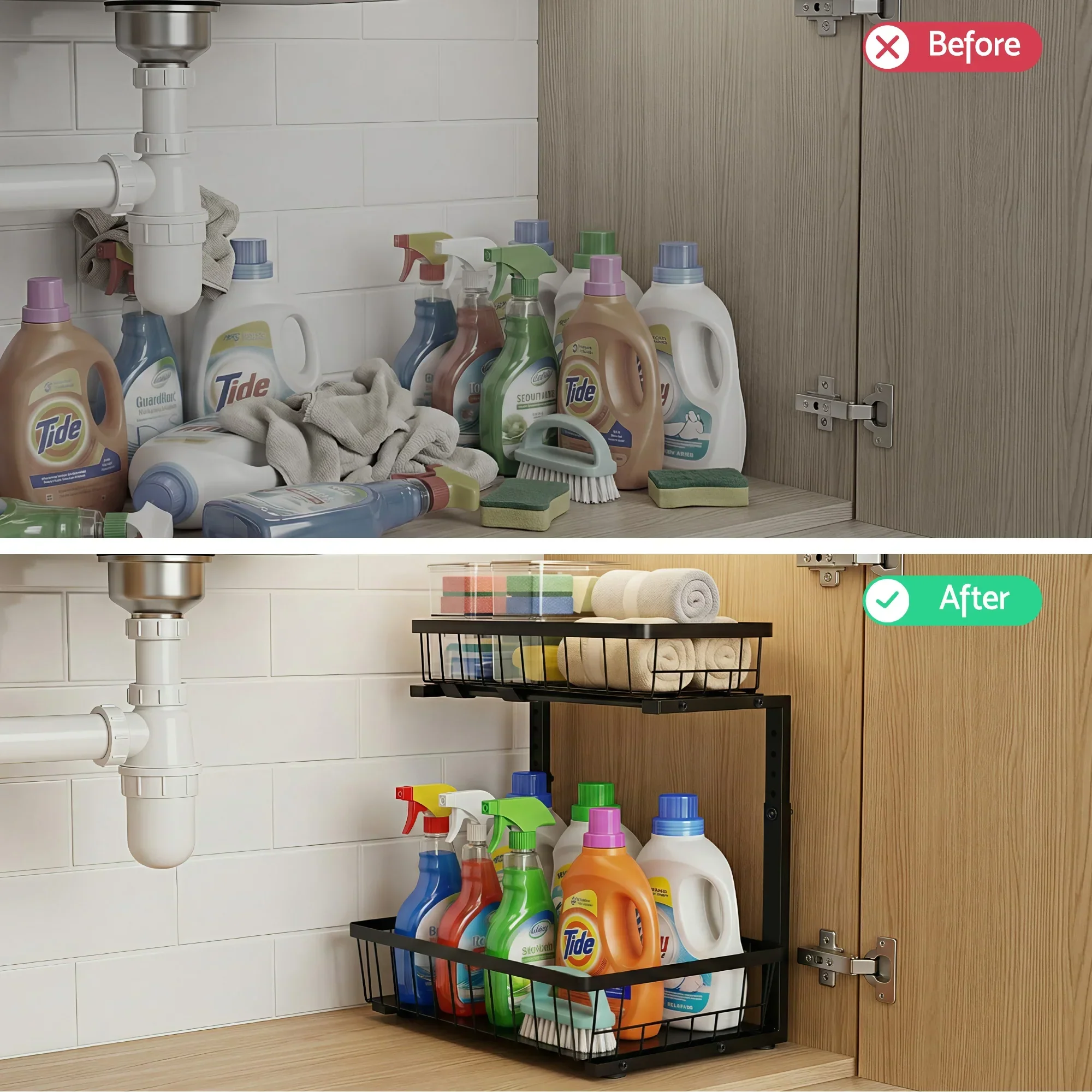 Under Sink Organizer Storage with 2 Slide Out Drawers 5 Adjustable Height Bathroom Kitchen Cabinet Black - Image 6
