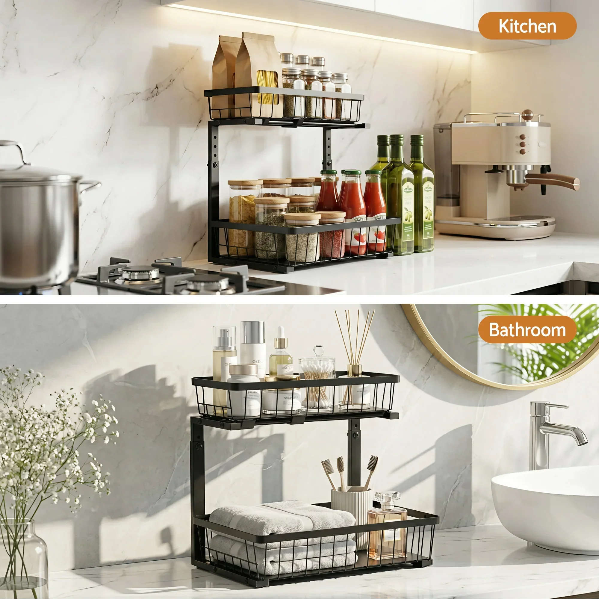 Under Sink Organizer Storage with 2 Slide Out Drawers 5 Adjustable Height Bathroom Kitchen Cabinet Black - Image 7