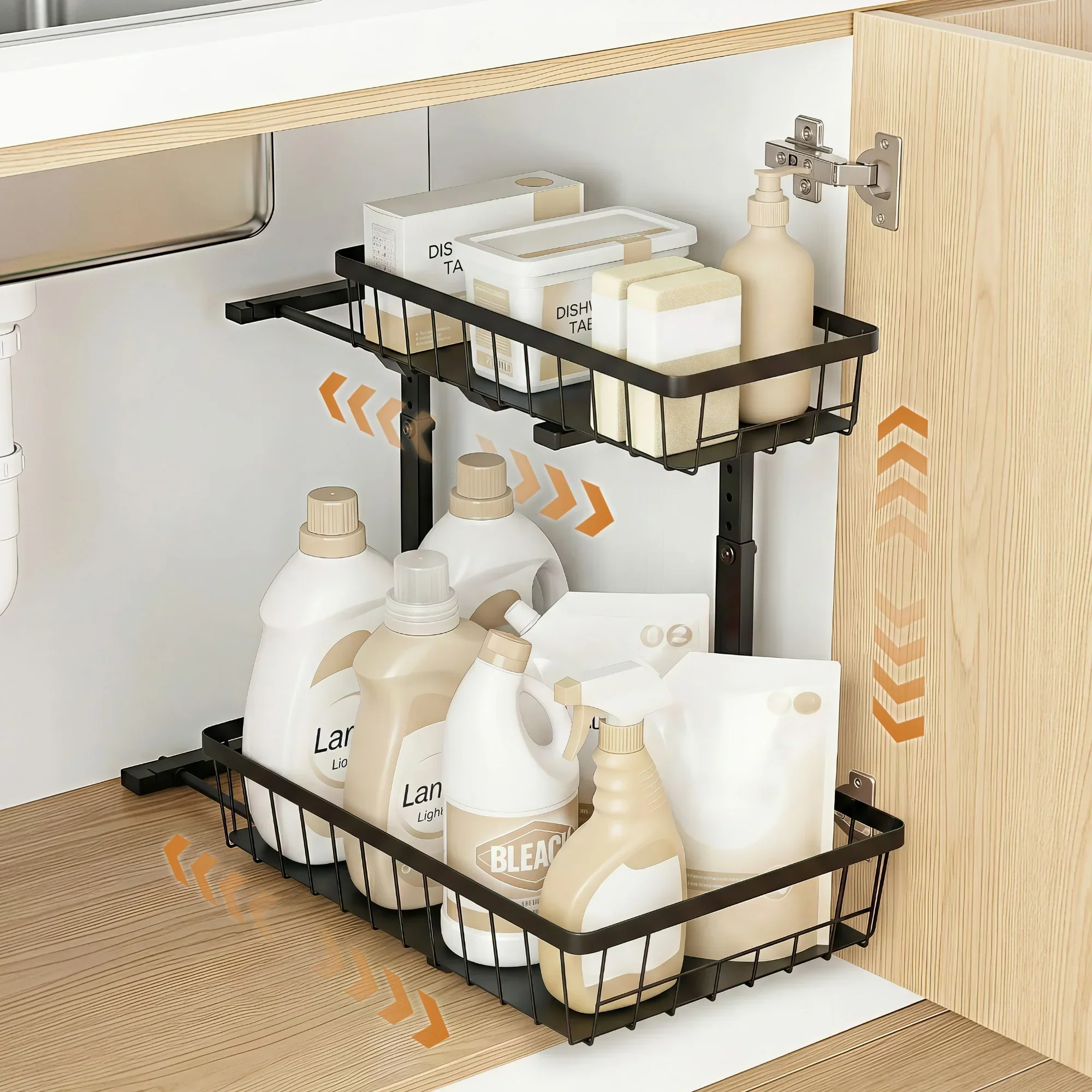 Under Sink Organizer Storage with 2 Slide Out Drawers 5 Adjustable Height Bathroom Kitchen Cabinet Black - Image 8