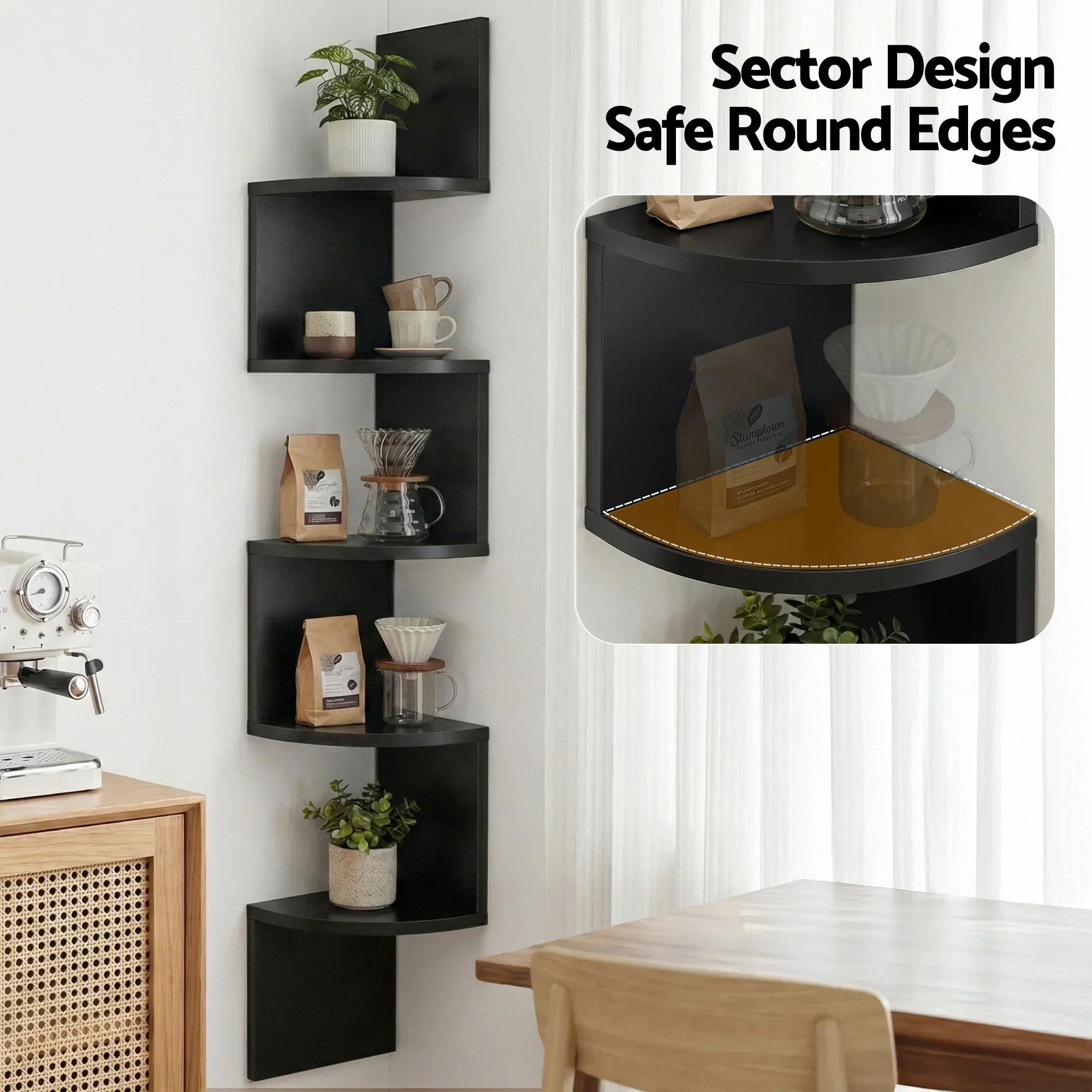Wall Shelf Bookshelf Corner Floating 5-Tier Black - Image 7