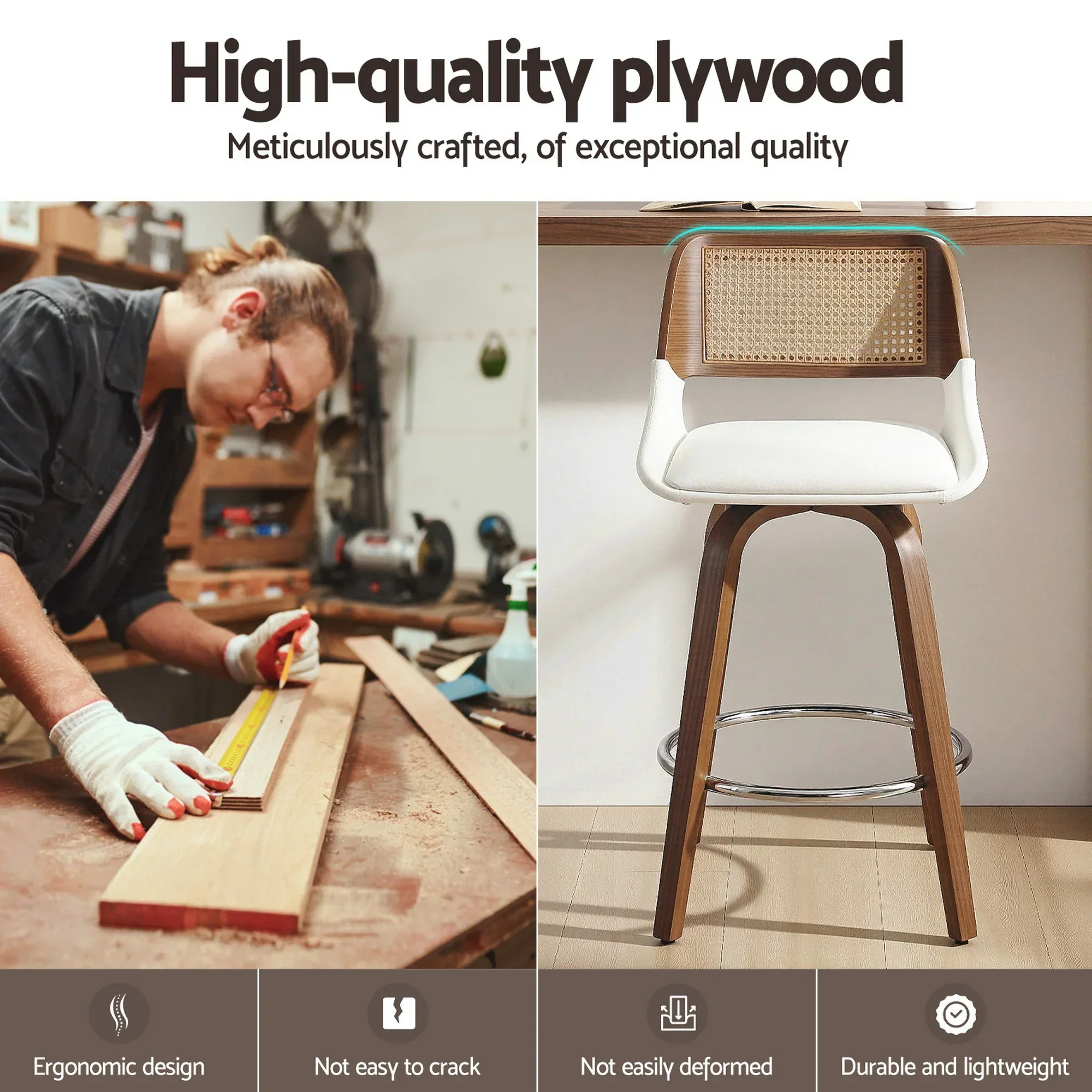 Wooden Bar Stools Set of 2 Swivel Kitchen Counter Stool Chair 60cm Seat Height - Image 7