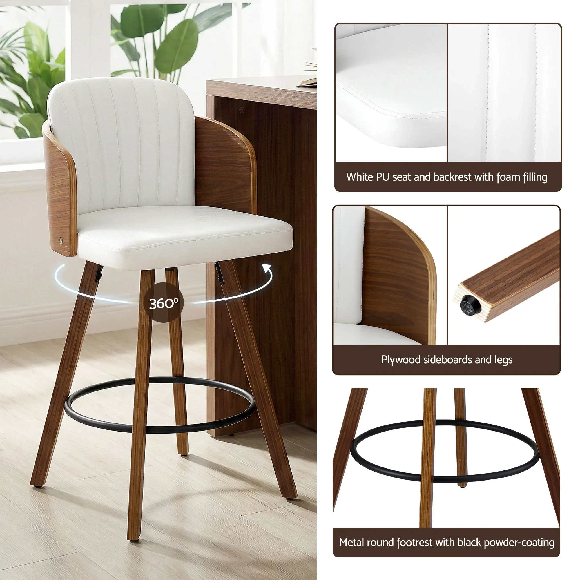 Wooden Bar Stools Swivel Kitchen Counter Stool Chair 58cm Seat Height - Image 7