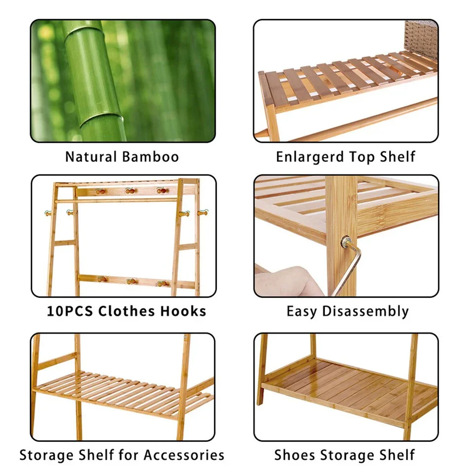 Bamboo Clothes Hanging Garment Rack Portable Laundry Rack Closet Storage Shelves - Image 9