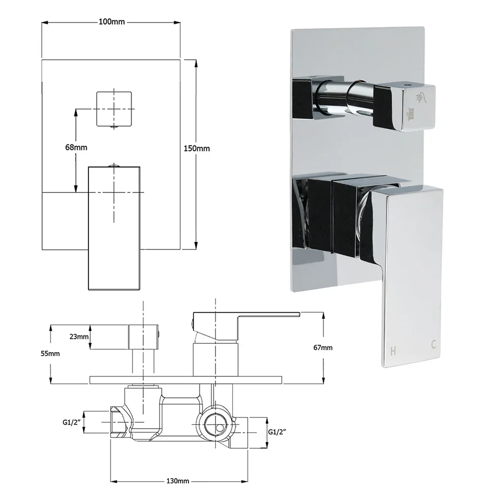 Bathroom Square Shower Mixer Diverter Tap Square Chrome For Spout Shower Head - Image 2
