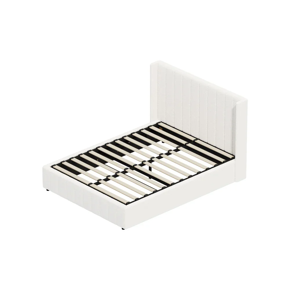 Bed Frame Queen Size Gas Lift Base Boucle Fabric White - Image 2
