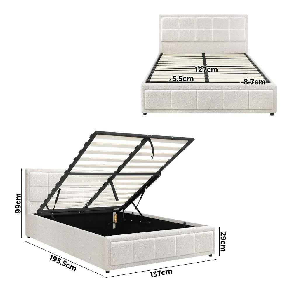 Double Bed Frame Gas Lift Storage Base Boucle White - Image 2