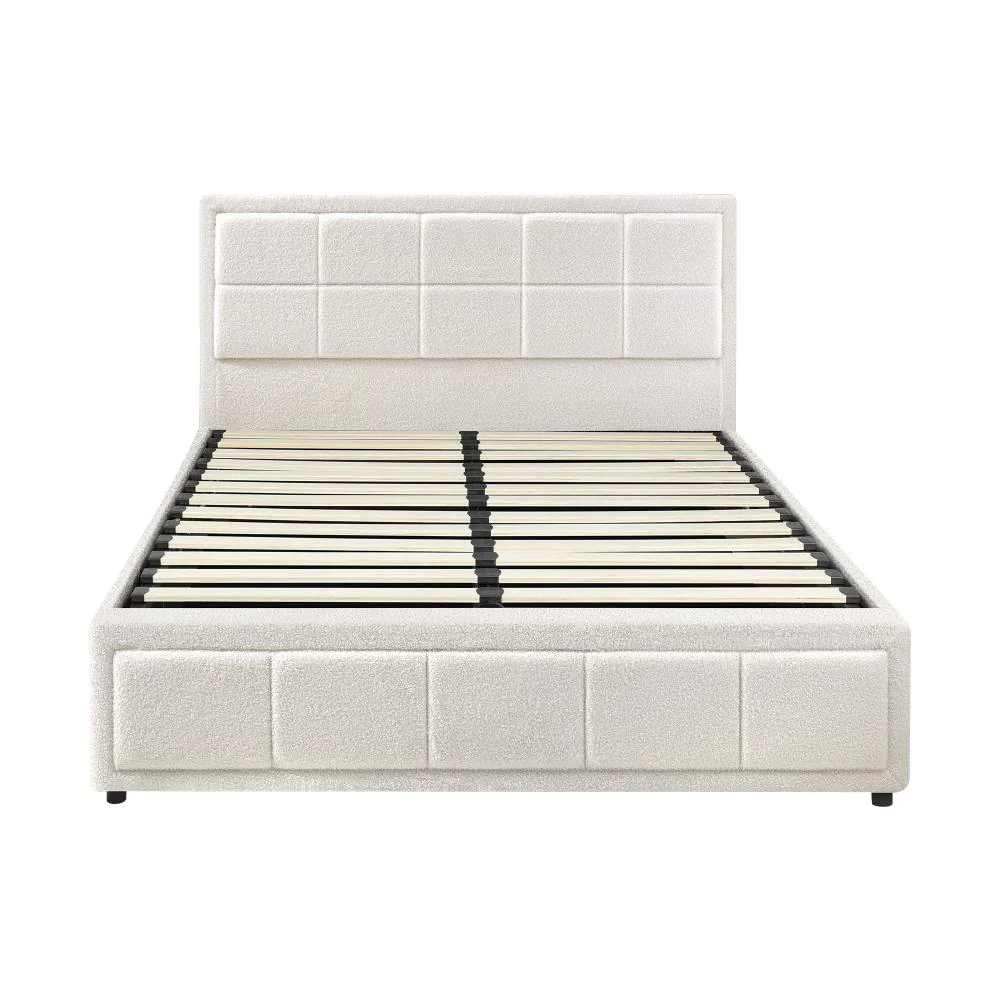 Double Bed Frame Gas Lift Storage Base Boucle White - Image 7